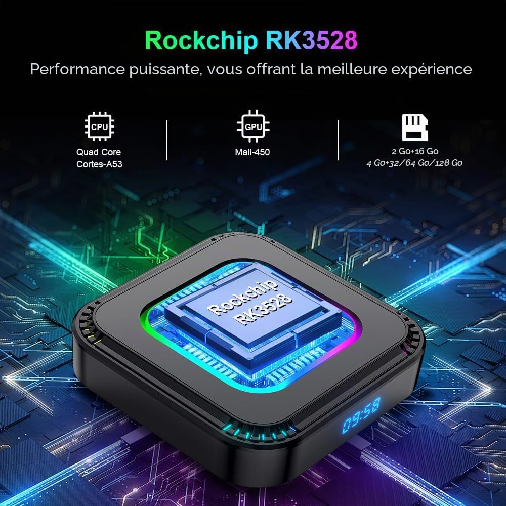 Boîtier TV Android 13.0, HK1 RBOX 4 Go de RAM 128 Go de ROM RK3528 Quad-Core WiFi6 2,4 GHz/5,8 GHz BT5.0 8K HDR10+ Ultra HD USB 3.0 avec mini clavier sans fil 2,4 GHz
