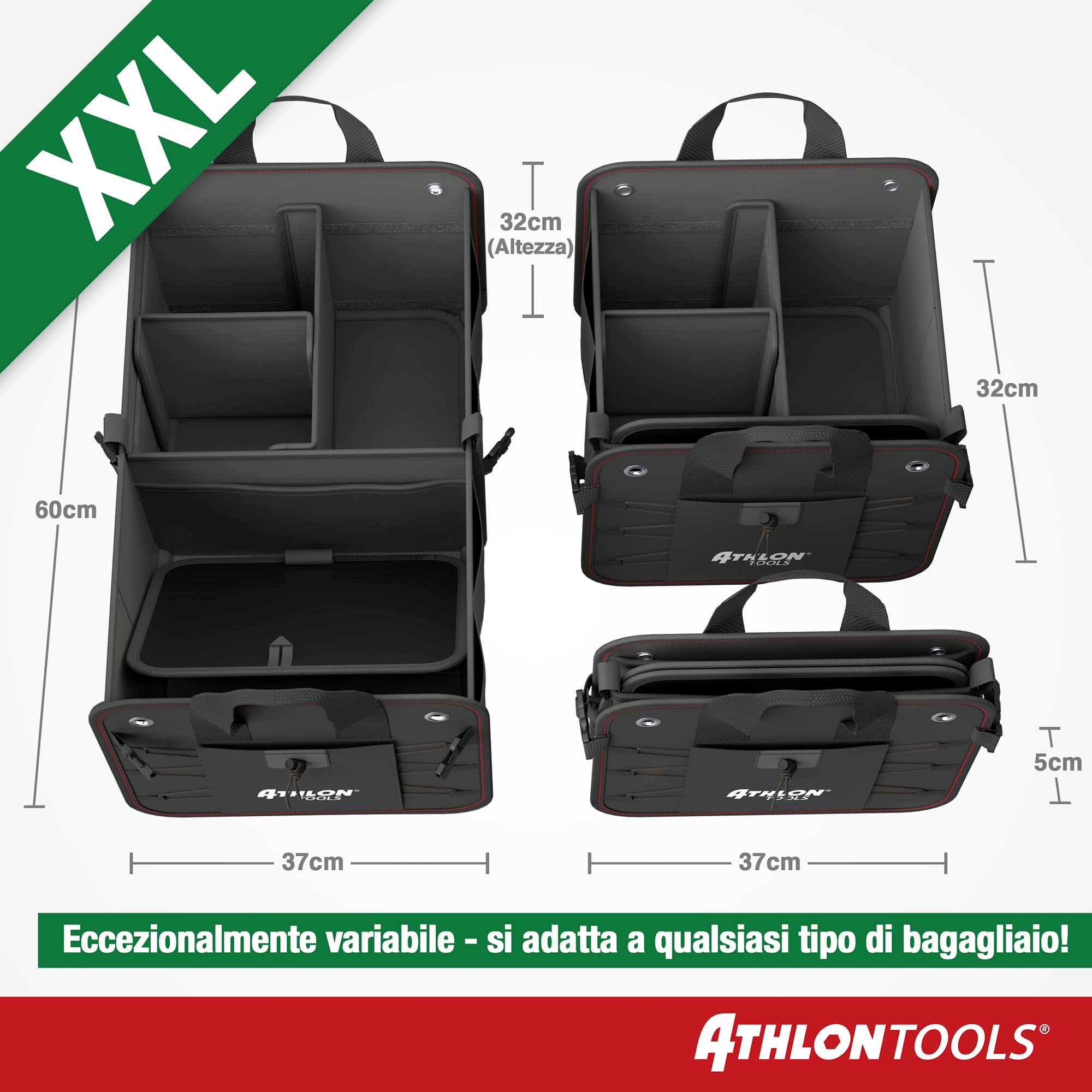 ATHLON TOOLS Borsa per bagagliaio di alta qualità con coperchio, 60 litri, organizer per bagagliaio XXL, fondo extra stabile e impermeabile, con chiusura a strappo