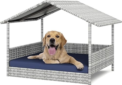 Casa de mimbre para perros al aire libre, cama impermeable de polietileno de alta densidad para perros con toldo, cuna elevada para mascotas, sofá