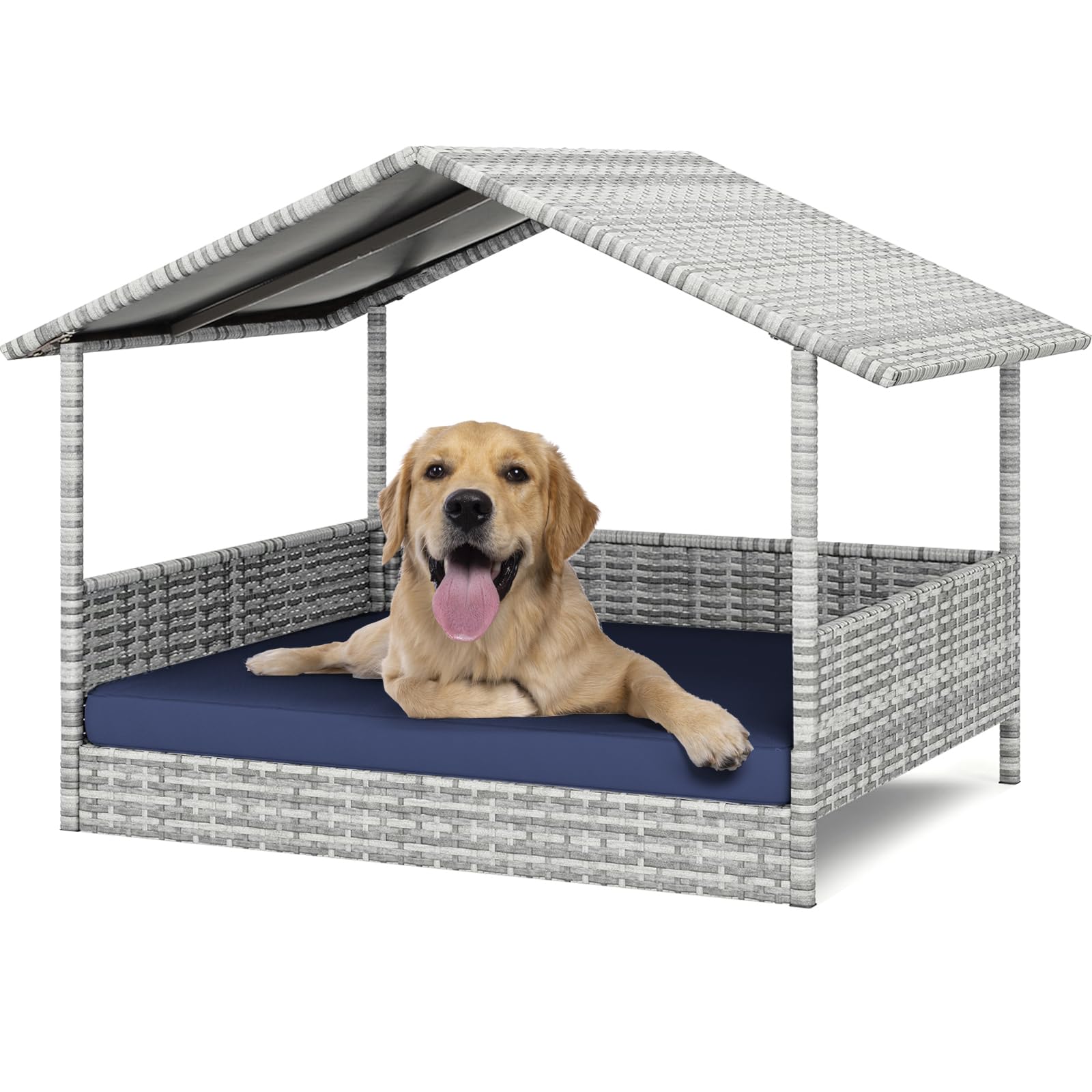 HAPPAWS Wicker Dog House Outdoor, Waterproof HDPE Dog Bed with Canopy, Raised Dog Cot Pet House, Elevated Dogs Sofa Tent, Soft Cushion w/Removable&