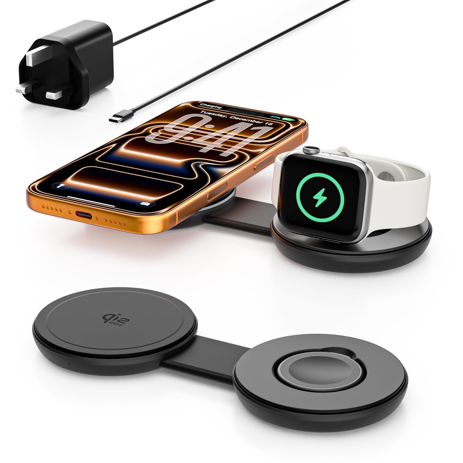 Qi2 - Cargador inalámbrico magnético 2 en 1, 25 W, estación de viaje de carga rápida, compatible con Mag-Safe para iPhone Air/17/16/15/14/13/12, 5 W para Apple Watch, auriculares 4/3/2/Pro (con