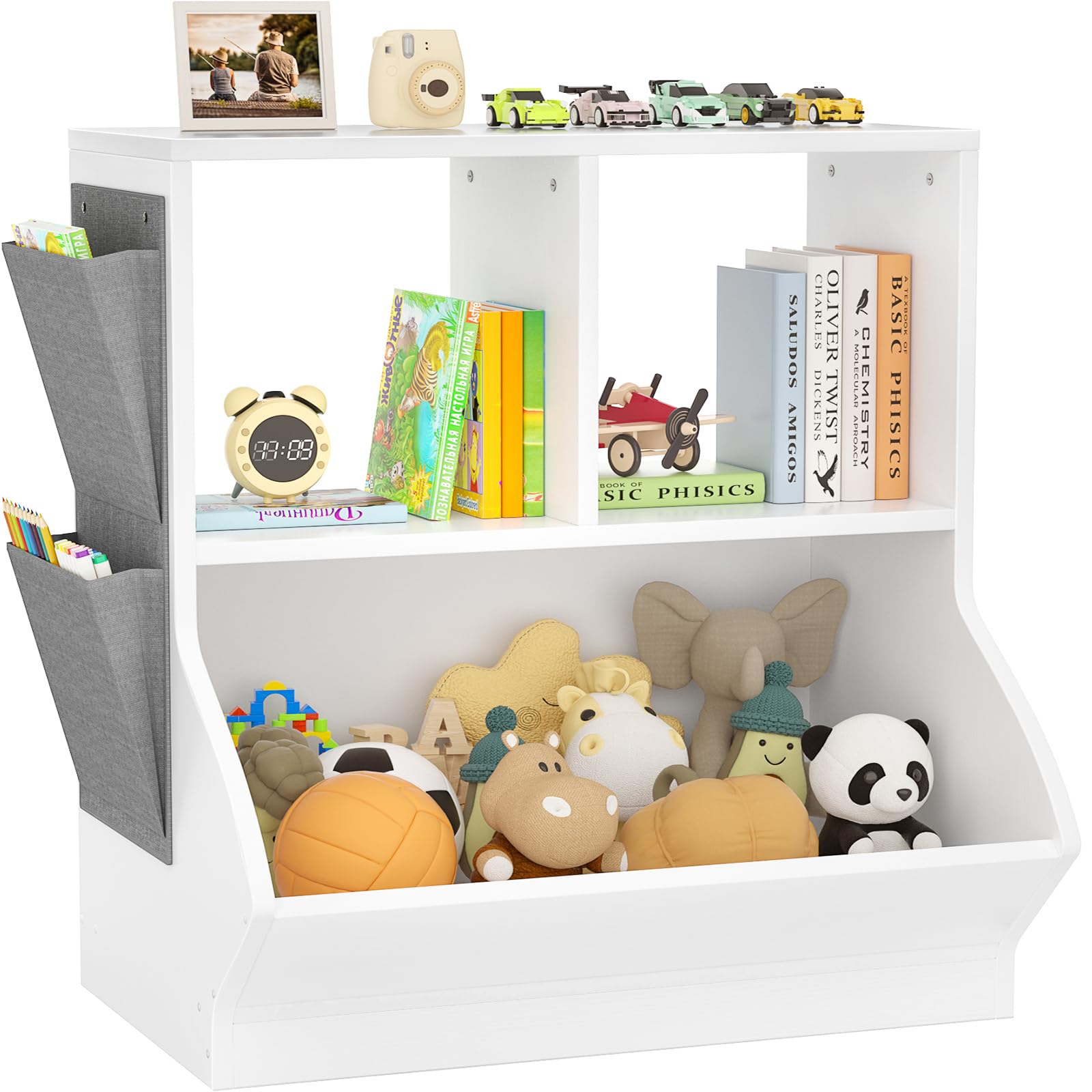 iSunirm Kids Bookshelf with Toy Storage, White Wooden Children's Bookcase and Toy Organiser for Kids Room, Nursery and Playroom, 70cm Floor Book Shelf with Side Pocket and Anti-Tip