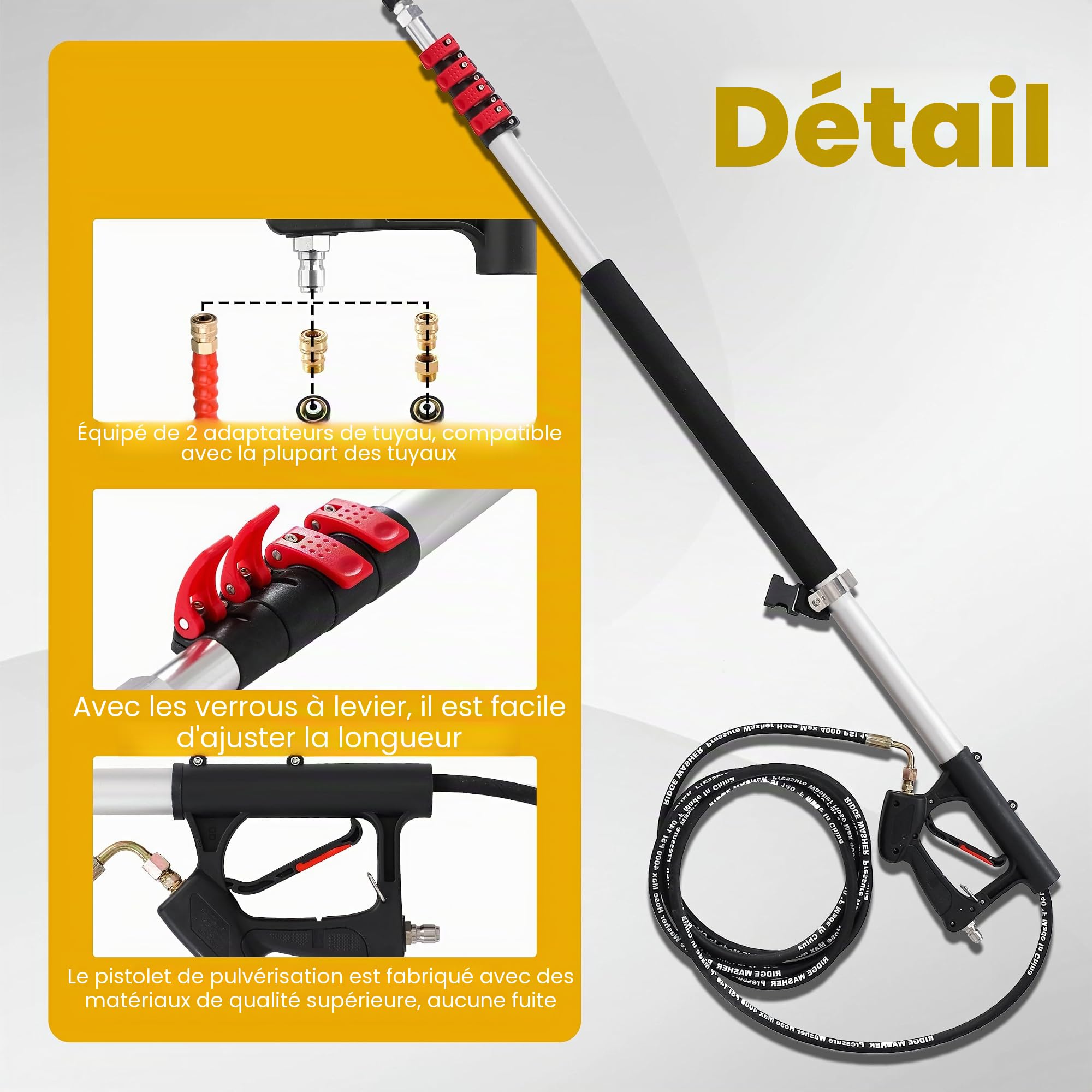 M MINGLE Lance Télescopique Haute Pression 6 m avec Tête de Brosse, 280 bar | Kit de Rallonges Haute Portée, avec 5 Embouts de Buse et 2 Raccords de Tuyau, pour Nettoyage de Gouttières, Fenêtres et Toits