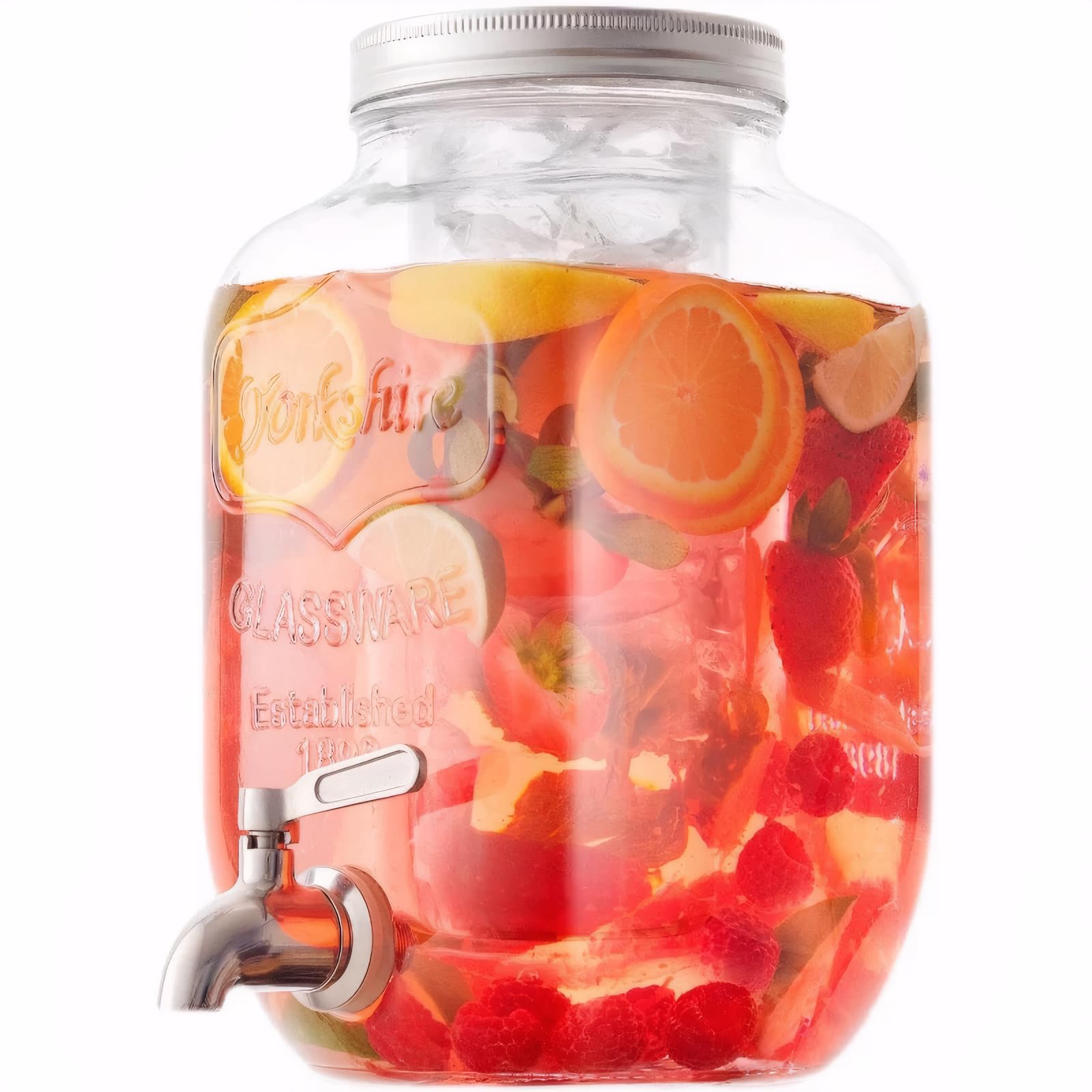 Dispenser per bevande in vetro con rubinetto in acciaio inox, dispenser per bevande a prova di perdite da 3,7 l, con nucleo di ghiaccio, facile da riempire, brocca in vetro a bocca larga, accessori