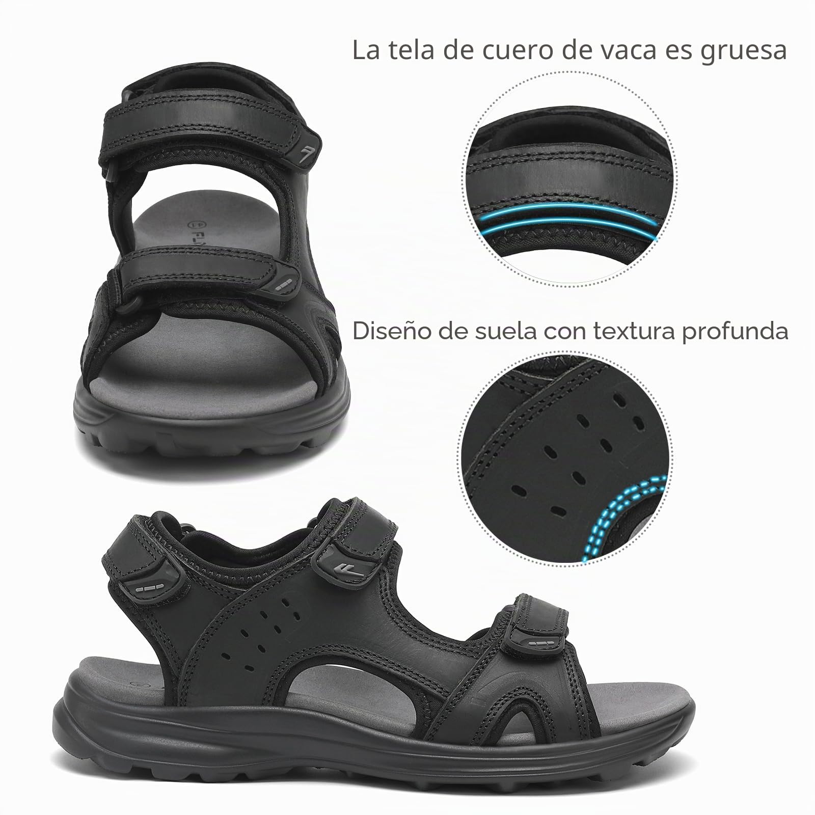 FLARUT Sandalias de los Hombres de Verano Zapatos de Senderismo Trekking Deportes al Aire Libre de Cuero Playa Dedo del Pie Abierto Deportivas Casuales(Negro,42)