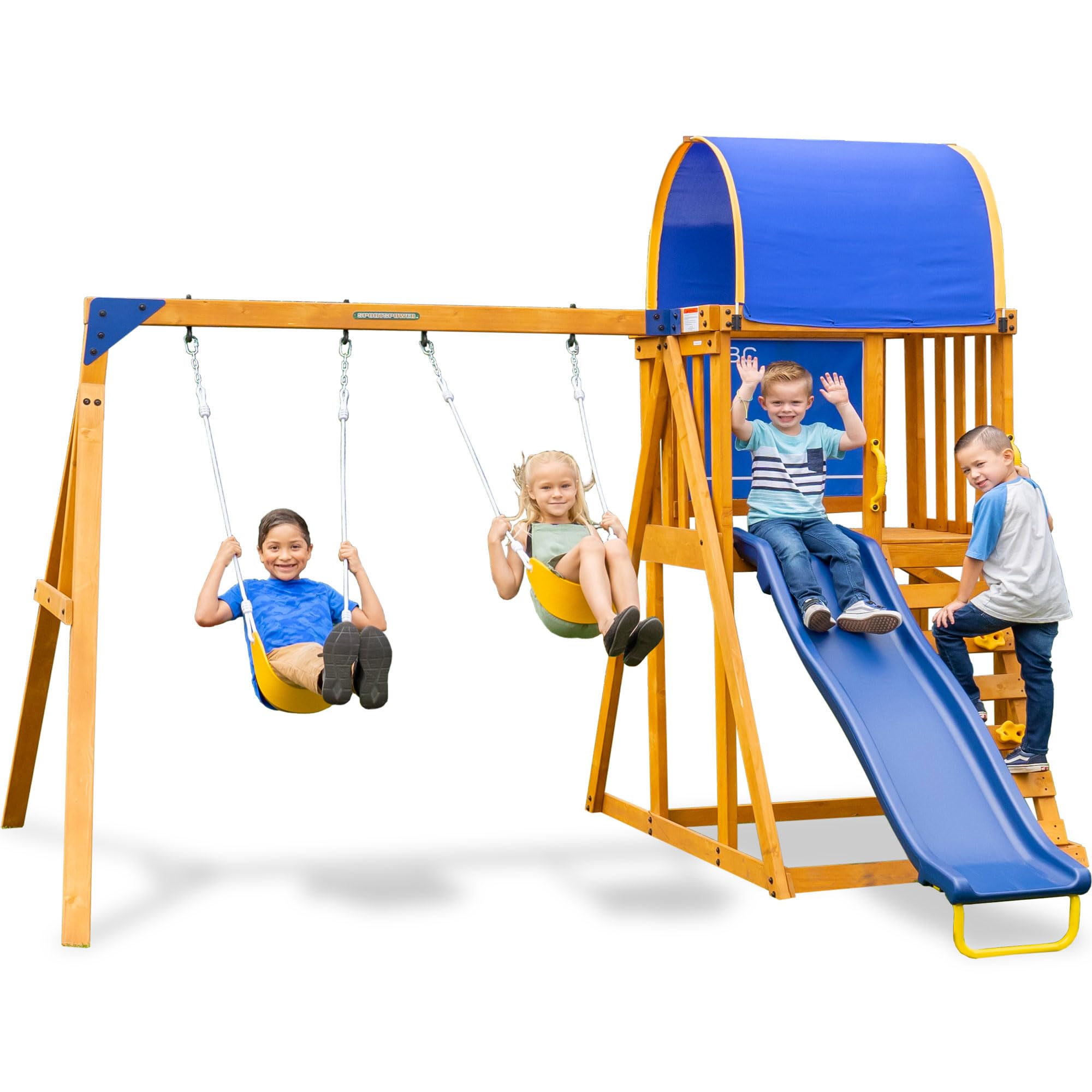 Sportspower Augusta Wooden Swing Set with Heavy Duty A-Frame & 6ft Double Wall Slide, Bonus Anchor Kit Included