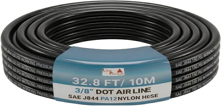 Utah Pneumatic 3/8" DOT Air Line SAE J844 PA12 Nylon Tubing 32.8ft Black | High pressure flexible pneumatic hose. Ideal for air suspension, trucks, trailers, brakes, and industrial use. Black.