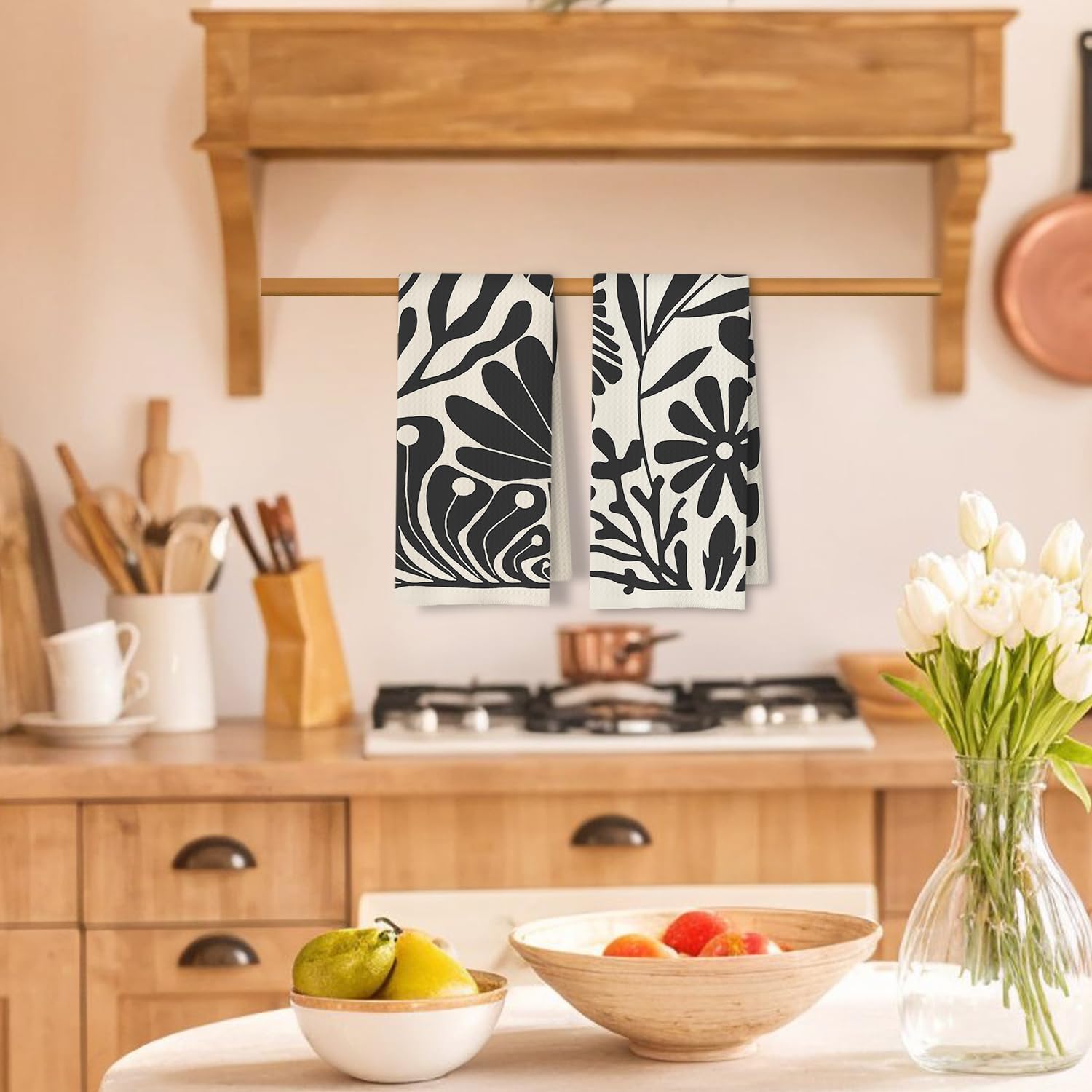 Abstract Boho Neutral Floral Kitchen Towels Set of 2, 70s Retro Groovy Beige Black and White Botanical Dish Tea Towels for Kitchen Bathroom Decor, Mid Century Modern Hand Towels, 16x24in - Image 2