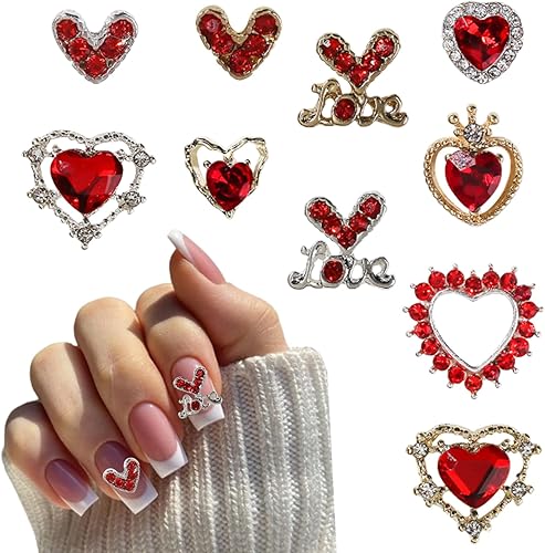 Miniatura 1 de 10 dijes de uñas para el día de San Valentín, diseño de corazón con purpurina, cristales de corazón rojo con purpurina, diamantes de imitación de