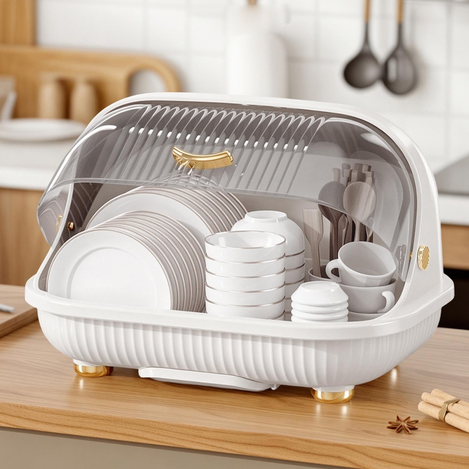 Escurridor de Platos con Tapa Polvo y Asa | Escurridor de Cocina para Tazas, Biberones, Platos, Vasos, Apartamento Pequeño, Autocaravana, Despensa