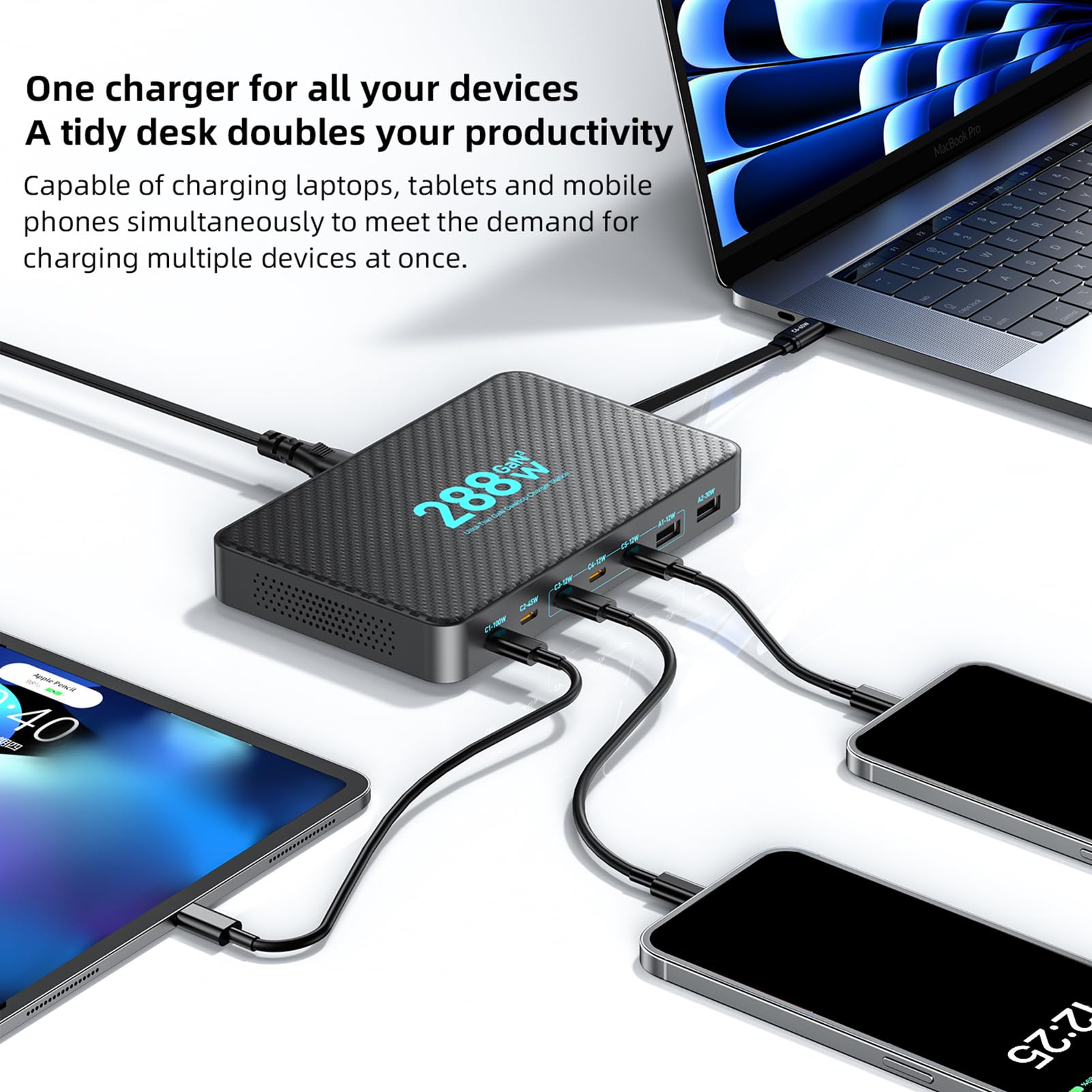XUMIUZIY Stacja ładująca GaN USB C o Mocy 288 W, 8-portowa ładowarka Biurkowa z 6 Portami USBC i 2 Portami USBA, Adapter Szybkiej ładowarki do Wielu urządzeń, ze Zwijanym Kablem (288W)