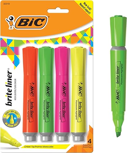 BIC Brite - Resaltador de forro con agarre de goma punta de cincel surtido paquete de 4 - BLMGP41-A-AST BIC Brite - Resaltador de forro con agarre de goma punta de cincel surtido paquete de 4 - BLMGP41-A-AST