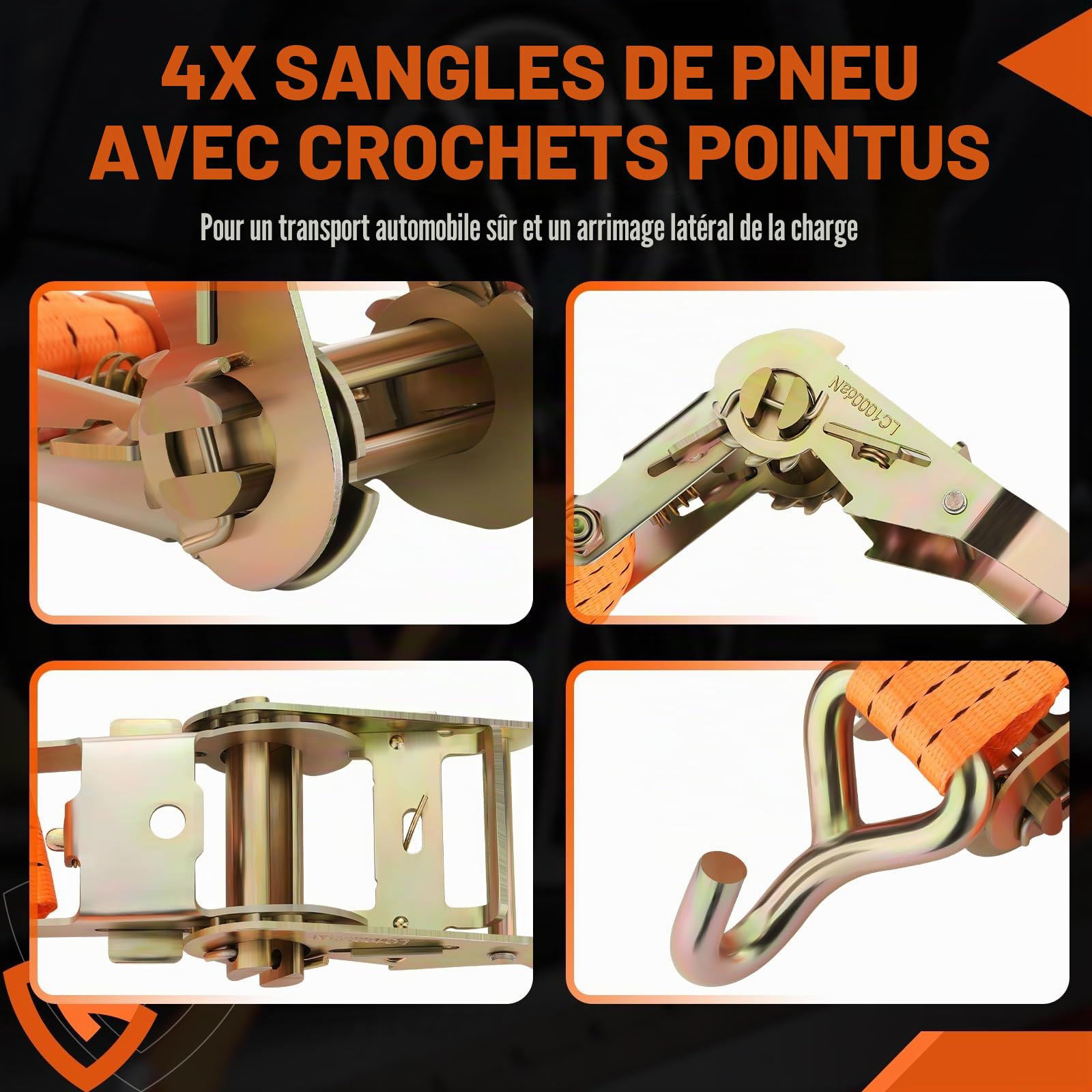 GEARMONSTER Lot de 4 sangles d'arrimage pour transport de voiture, 3 m, 35 mm, 2000 daN, sangle d'arrimage à cliquet avec crochet pour la sécurité des roues sur remorque, voiture, véhicule