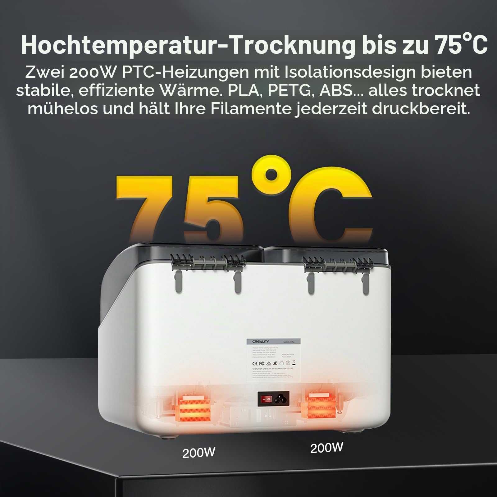 Creality Filament-Trocknungsbox für 4 Spulen, Space Pi X4L Filament-Aufbewahrungsbox, 200 W PTC-Heizung bis 75 °C, Schnelltrocknung dank zweier Heizkammern, für PLA, PETG, TPU und ABS