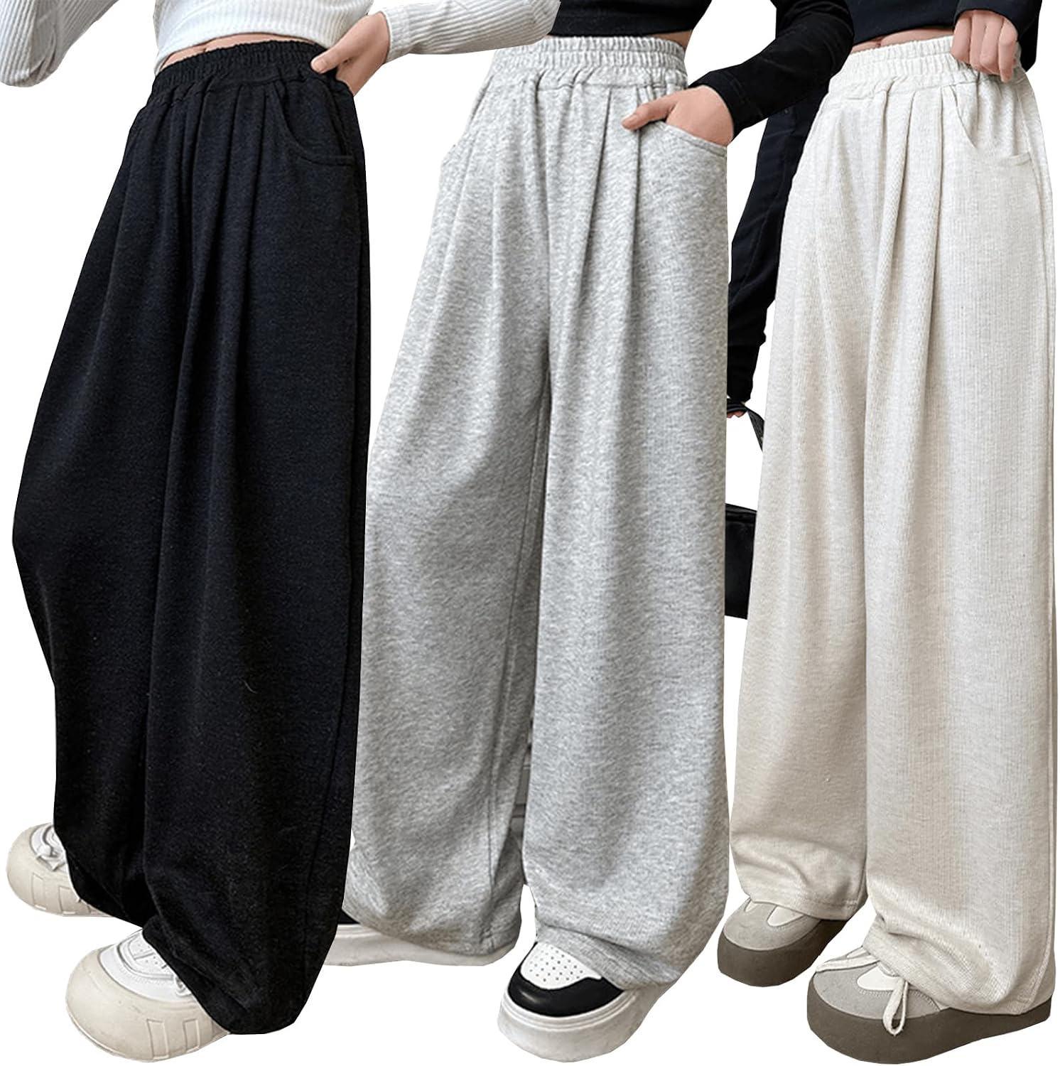 Girls Wide Leg Sweatpants Elastic Waist Casual Baggy Sweat Pants Kid Girls Loose Pull On Pants with Pockets 5-14Y
