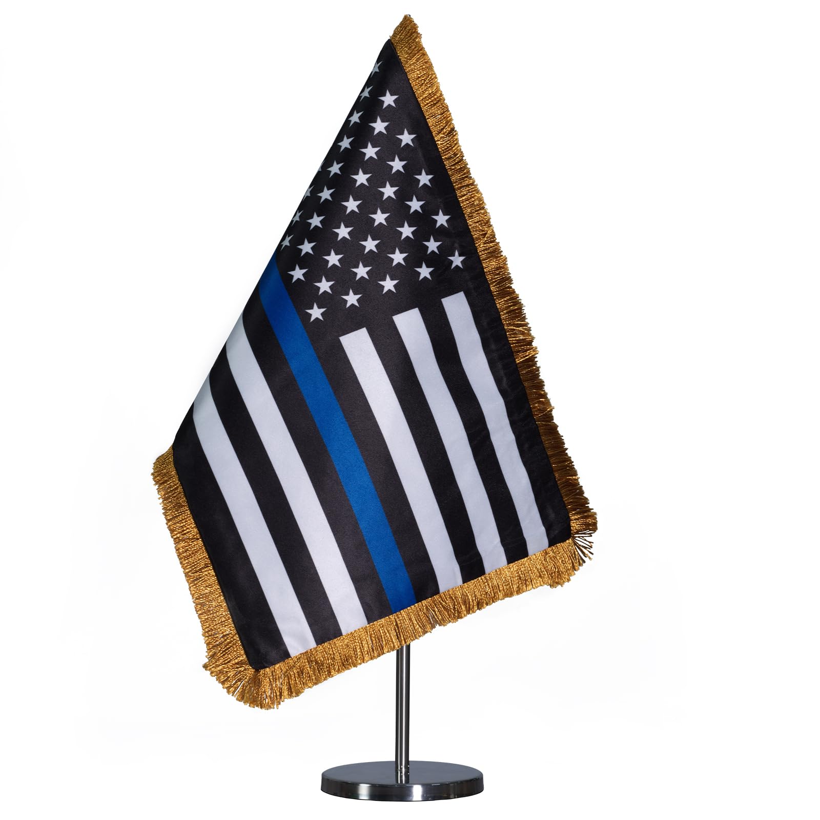 SYII Dünne blaue Tischflagge mit goldfarbenen Fransen, 20 x 30 cm, hergestellt in den USA, 2-lagig, doppelseitig, robuste Rückseite, blaue Polizei-Büro-Flaggen mit verstellbarem Ständer von 24,9 bis
