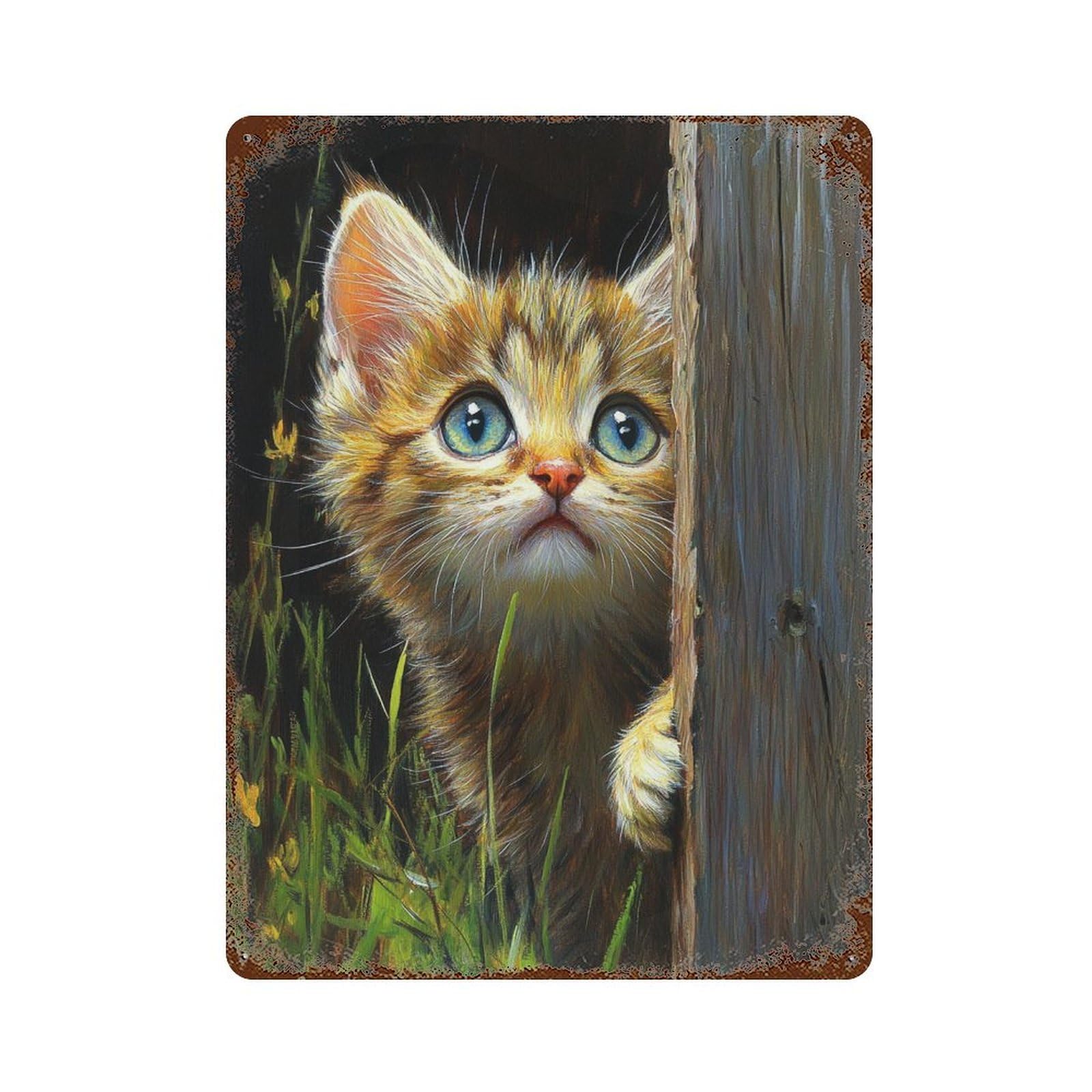Curious Kitten Peeking 15.7"x11.8" Rust Effect Tin Sign, Vintage Wall Decor for Farmhouse, Kitchen And Entryway Decor
