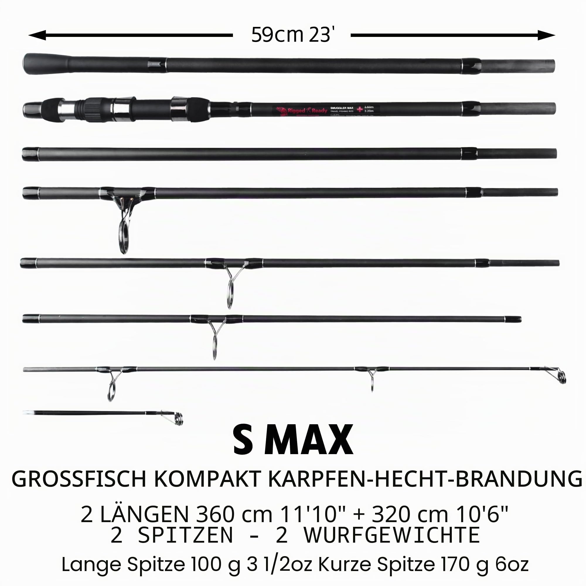 Rigged and Ready S Series Travel Fishing Rods. 2 Powerful Big Fish Predator-Carp-Surf Rods + 1 Combo + 2 Tips/cast Weights + Case. Travelling Angling in Fresh and Saltwater Fist to 15kg (33lb)