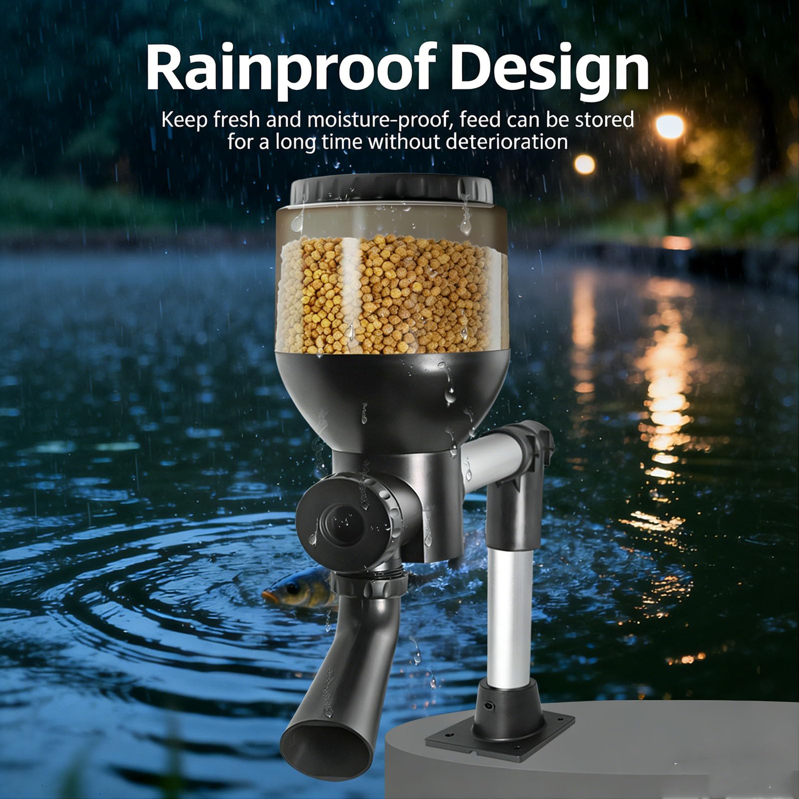 Distributore automatico di mangime per pesci da 4-8 litri con display LCD, alimentazione programmata, diametro del mangime da 2 a 8 mm, design resistente alla pioggia, ideale per weekend e vacanze.