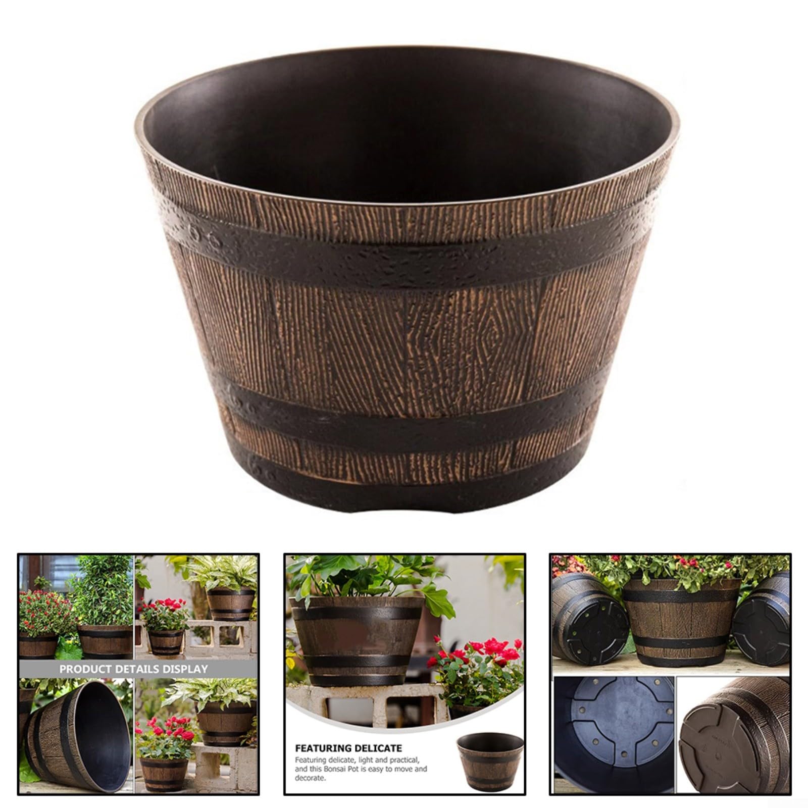Pot de fleurs rond en résine, seau à whisky en imitation bois pour plantes grasses, herbes, fougères, jardin, terrasse, intérieur et extérieur, 31 cm (31 cm avec trous)