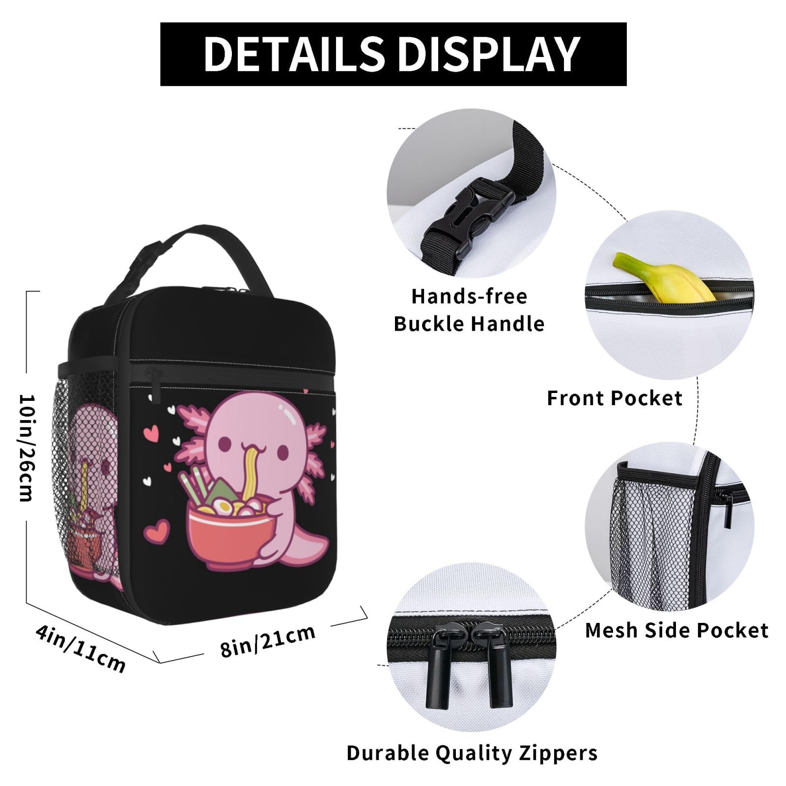 cromcu Insulated Lunch Box for Girls Kids Axolotl Lunch Bag for Work,Picnic,School,Travel,Hiking, Beach or Fishing Polyester Axolotl Eat Ramen Theme Lunch Box