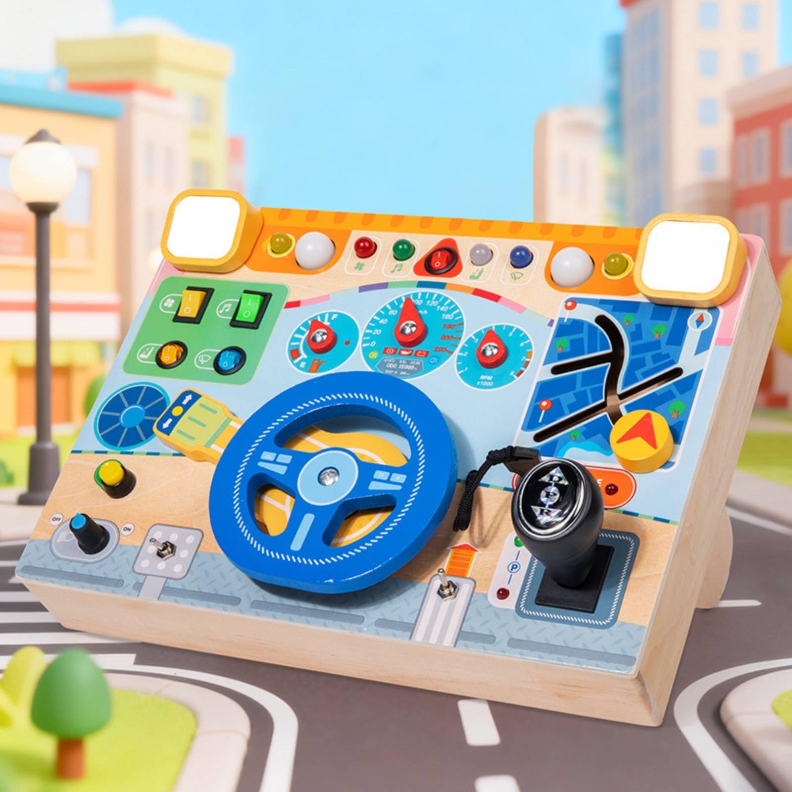 Busy Board mit Lenkrad handlungsorientiert Lenkrad-Beschäftigungsbrett bildschirmfrei Auto-Dashboard Spielbrett für sensorisches Spiel