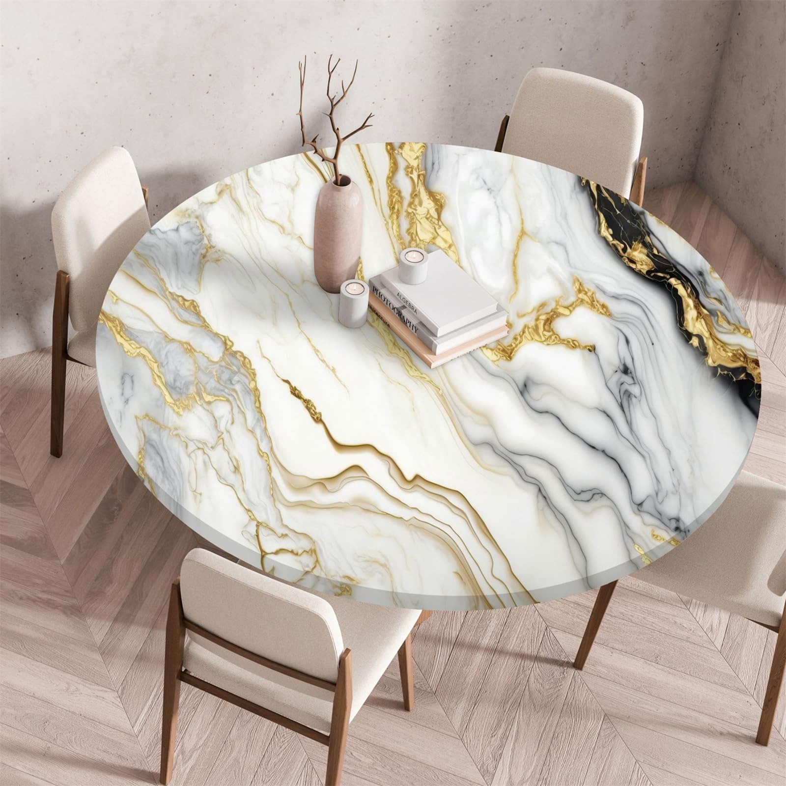 Muiuou Elastic Fitted Round Tablecloth, Marble Printing Tabletop Reusable Waterproof Oil-Proof Round Table Cover Cloth, Fitted Home Decoration Restaurant Kitchen (Diameter 140cm,Marble 17) — image 1