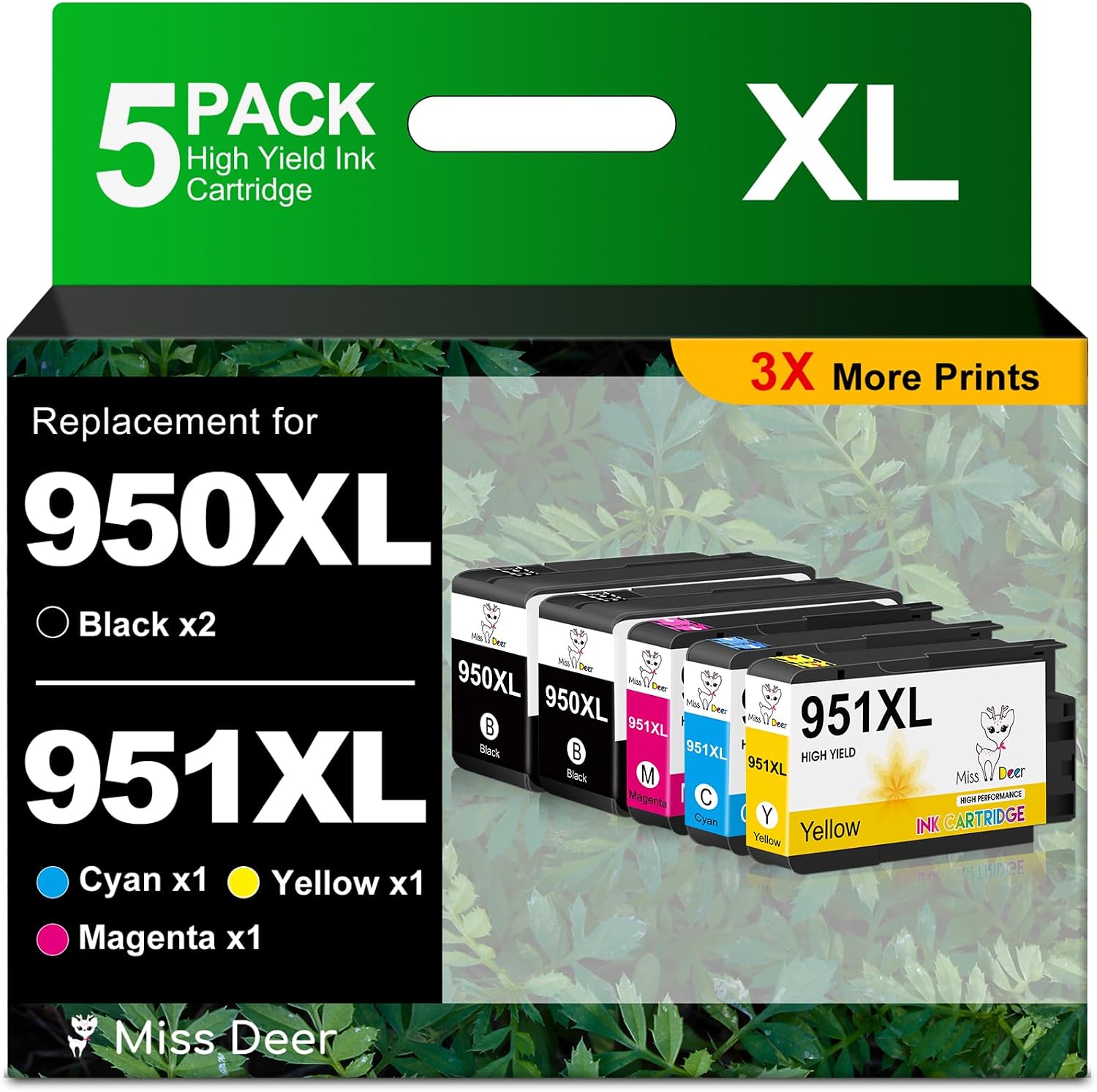 Miss Deer 5-Pack 950 XL 951 XL Ink Cartridges Combo Pack, 2 Black + 1 Each C/M/Y, High Yield for Home Office Business, Compatible for HP OfficeJet Pro 8600 8610 8620 8630 8100 251dw 276dw Printers