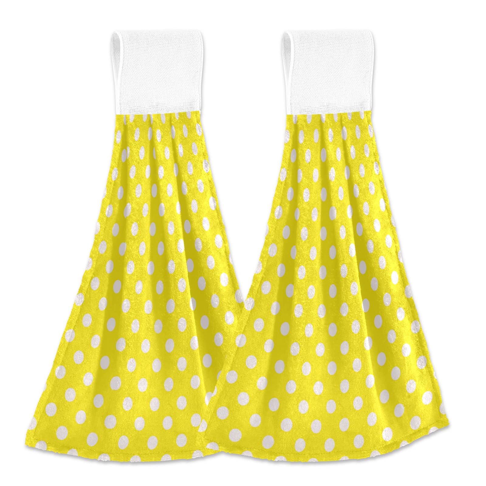 Poeticcity Seamless White Polka Dots on Bright Yellow Background 2 PCs Hanging Kitchen Hand Towel, Dish Dishcloth Towels with Hanging Loop, Absorbent Tea Bar Bath Tie Towel for Tabletop Kitchen