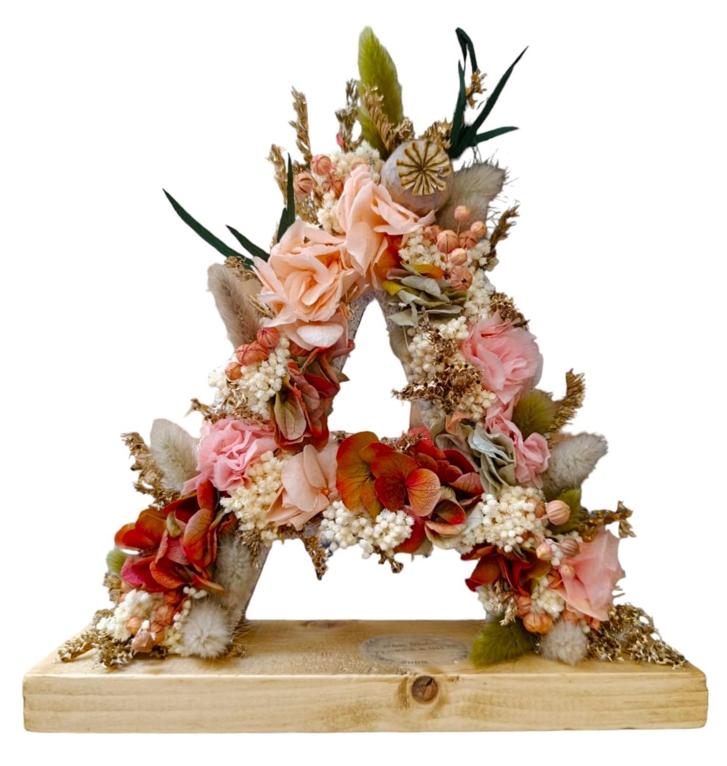 Letra de Flores Preservadas Naturales en Tonos Suaves y Toques Dorados. Todo ABCedario. con peana de Madera. Originalidad y Calidad para Todas Ocasiones y decoración. (tonos suaves-dorado, LETRA V)