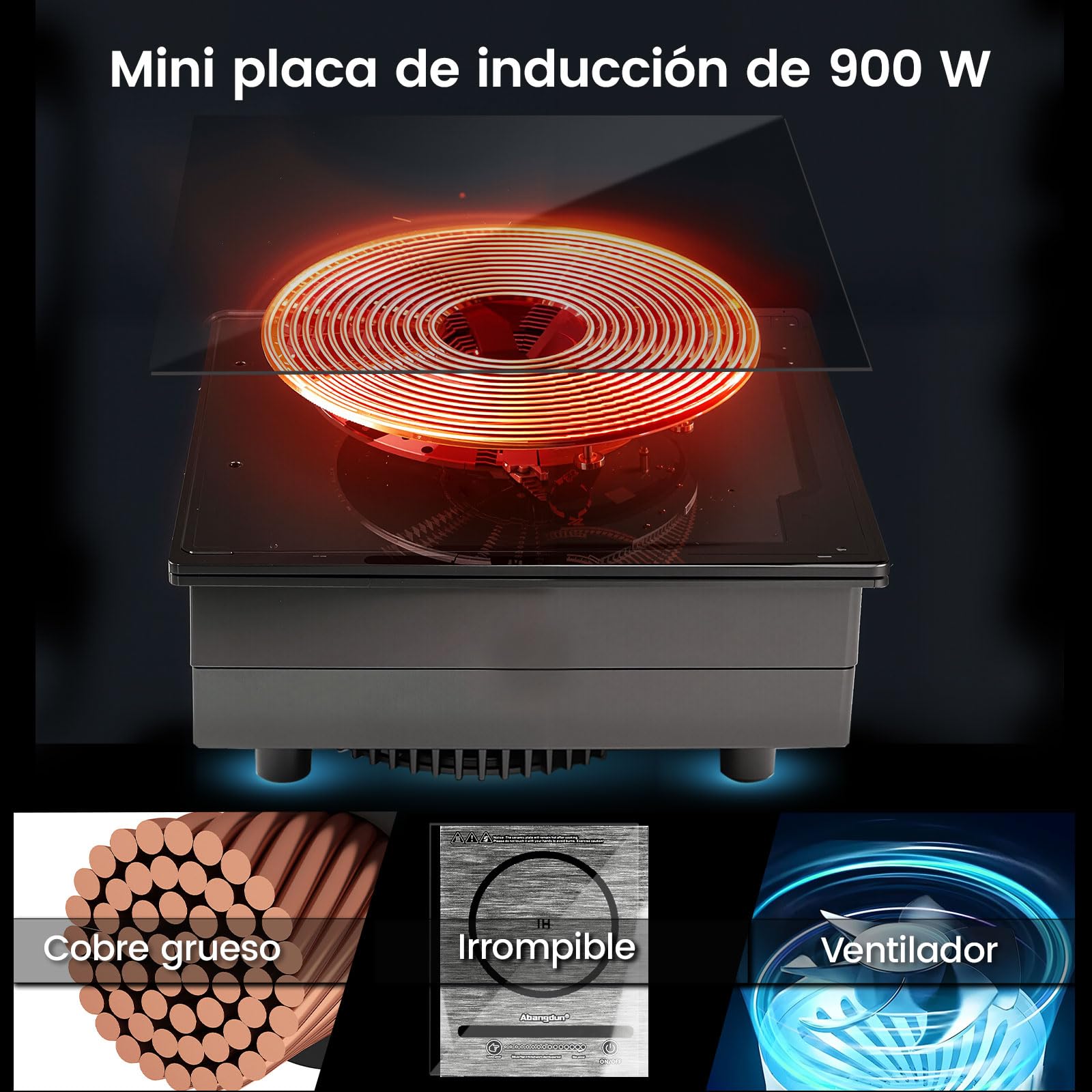 Mini placa induccion portatil 900W, placa de induccion 1 fueg con 5 niveles de potencia, placa eléctrica de inducción para camping y caravana (T35)