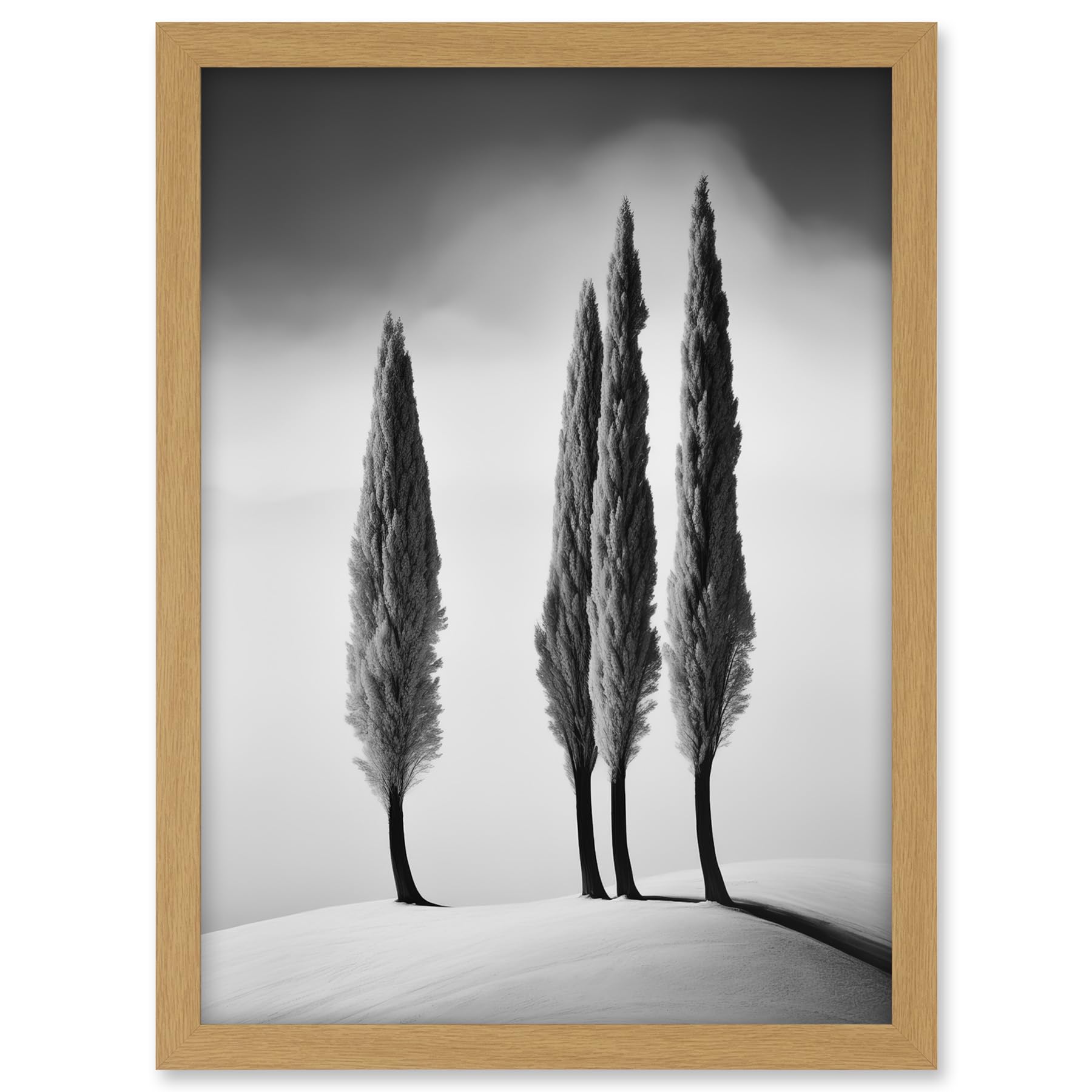 Artery8 Group of Cypress Trees on Snowy Hill Minimalist Black and White Photograph Cypresses in Foggy Winter Landscape Artwork Framed A3 Wall Art Print