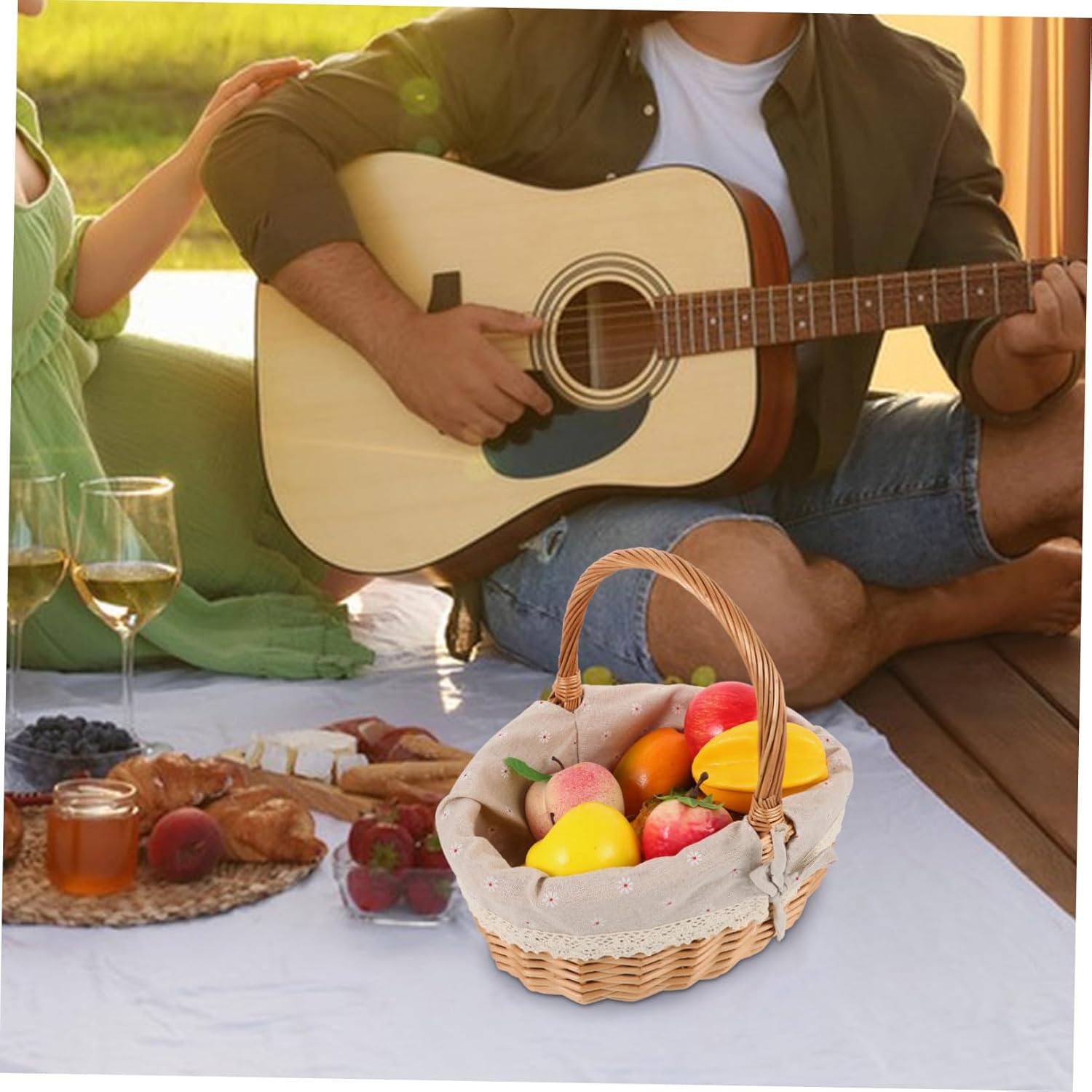 Rustic Woven Picnic Basket with Wooden Handles Medium Empty Basket for Fruit Storage and Shopping for Outdoor Use and Home Organization