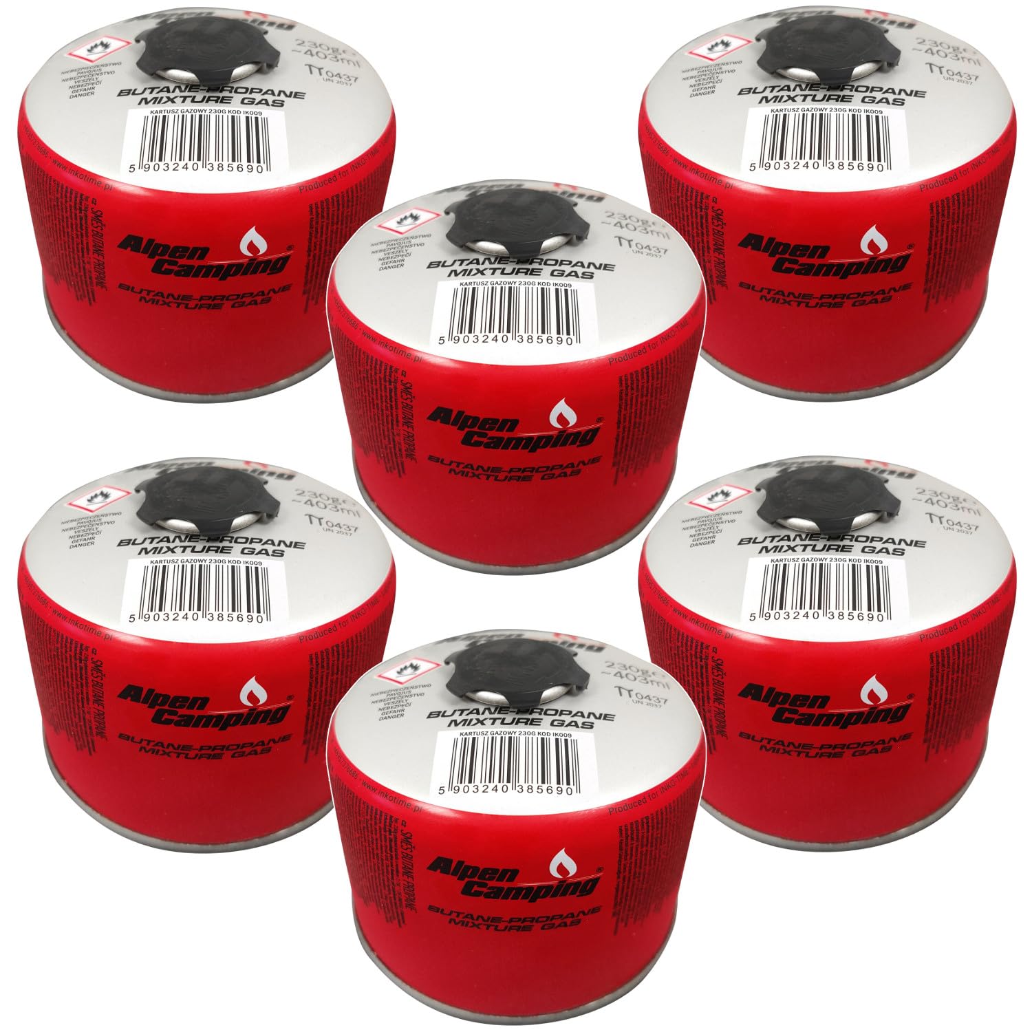 Alpen Camping Cartuccia a gas propano-butano da 230 g, filettatura EN 417 7/16", per esterni, da campeggio, da trekking, da 10 °C a +40 °C, certificata PI 0656/PI 0437 (6 pezzi)