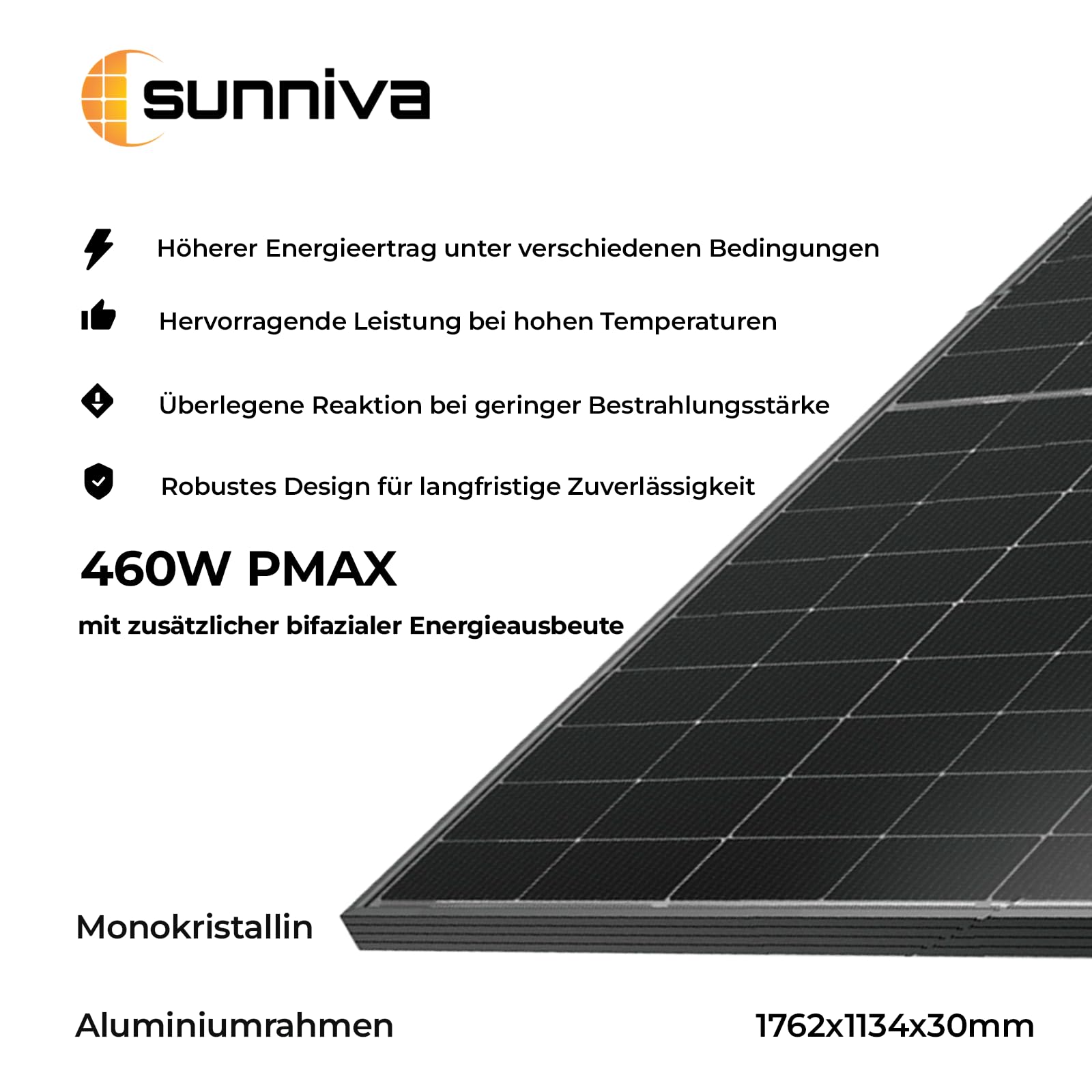 SUNNIVA® Solarmodul 460 W FULL BLACK Bifazial Glas/Glas PV Modul Solarpanel - PMax 460W Bifacial N-Type, für Balkonkraftwerk oder PV Solar Anlage