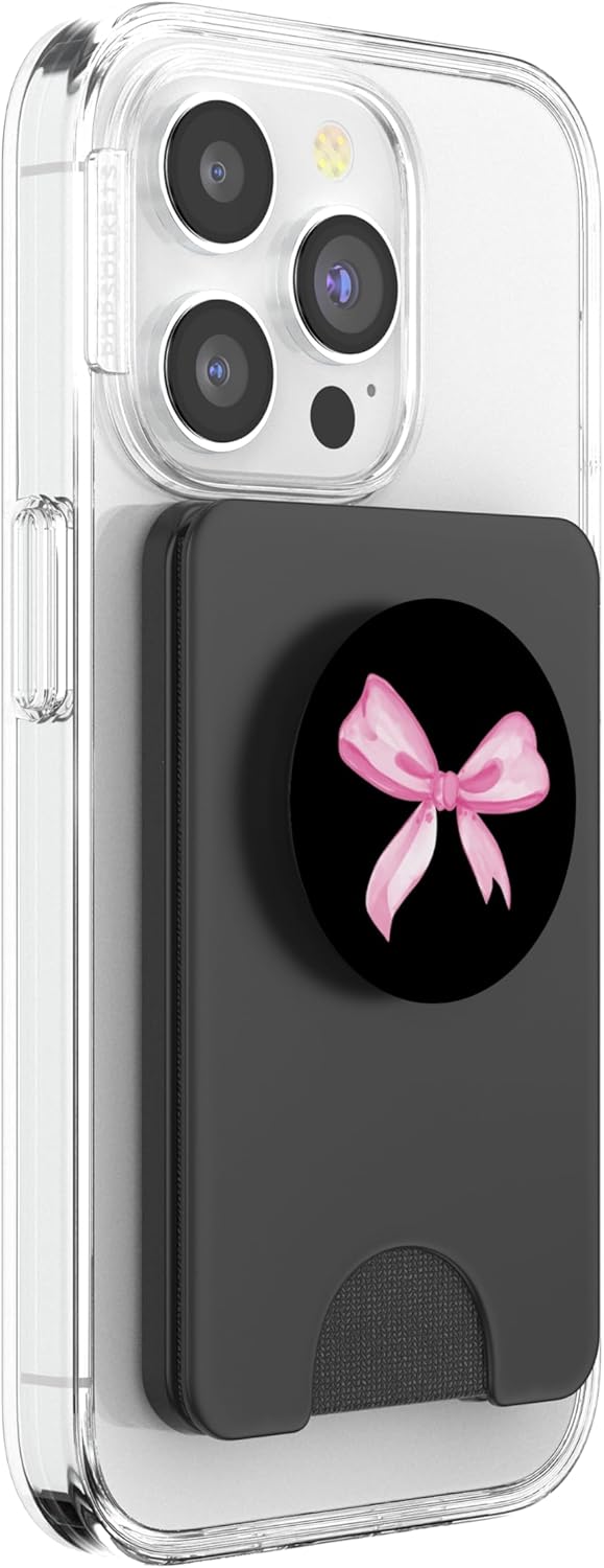 Aesthetic Pink Bow in Watercolor on Black PopSockets PopWallet for MagSafe