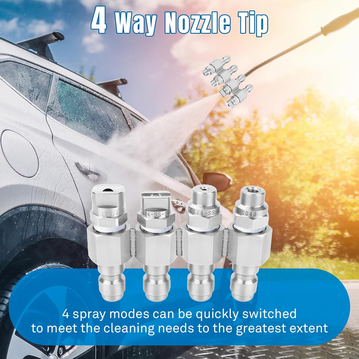 Hakaze Pressure Washer Nozzle 4 GPM 1/4" Firm Fish-scale Welding Quick Connect Nozzle KIT 4 Way Nozzle Tip Holder Stainless Steel Soft Wash System Pressure Washer Accessories