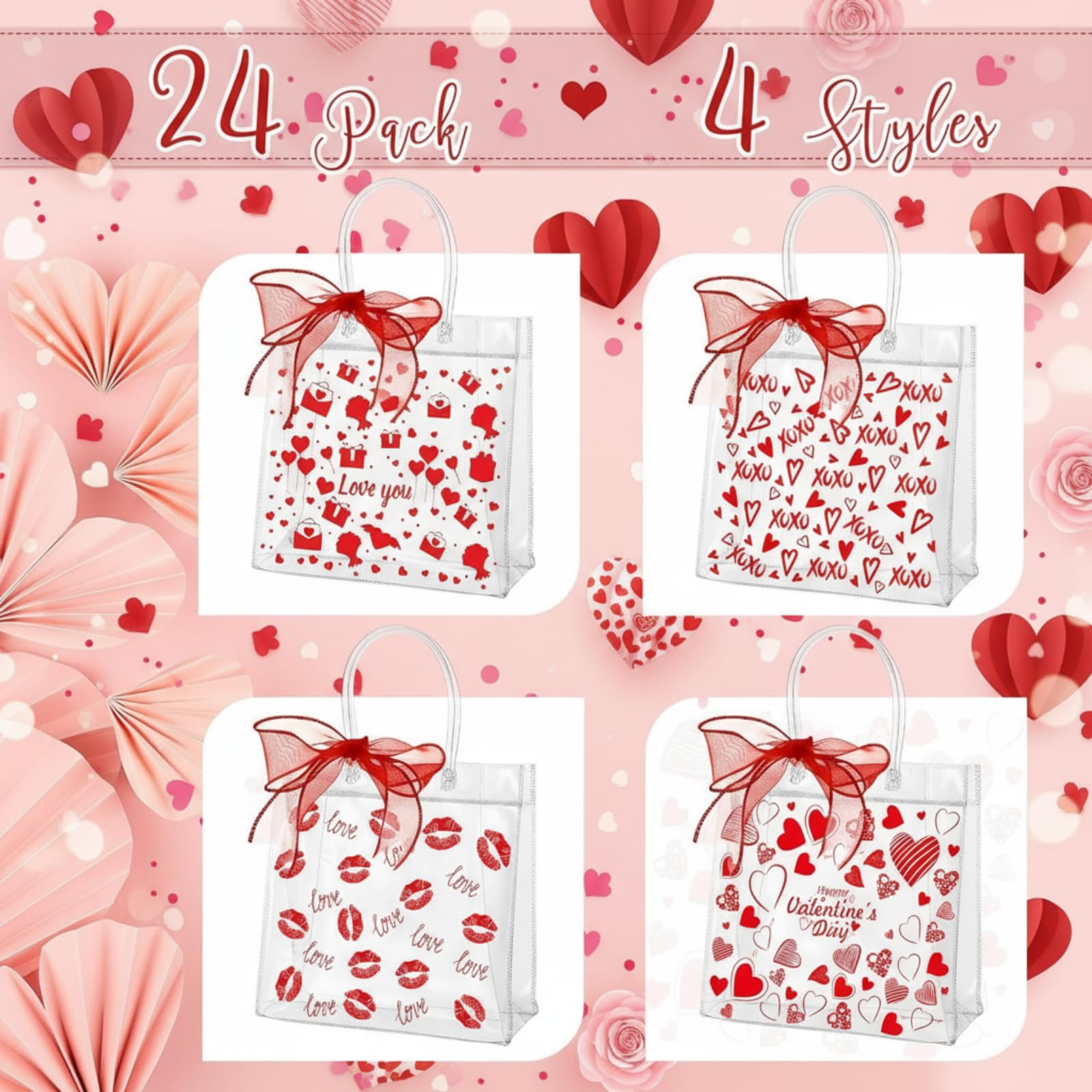 Amylove 24 Pcs Valentines Gift Bags Bulk Valentines Day Clear Gift Bags Bulk Valentine Clear PVC Goodie Bag with Handles Galentines Day Party Favors (Stylish,Red)