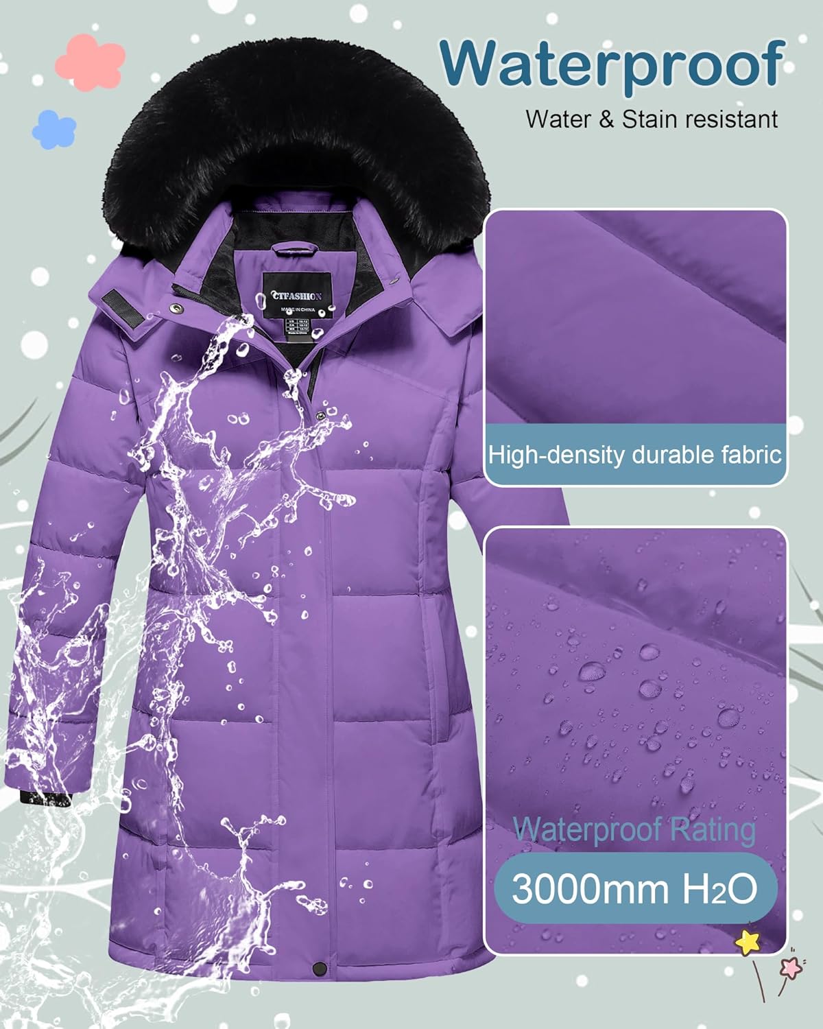 Girl's Winter Coats Kids Waterproof Long Puffer Jacket Thicken Fleece Lined Ski Parka with Detachable Fur Hooded - Image 4