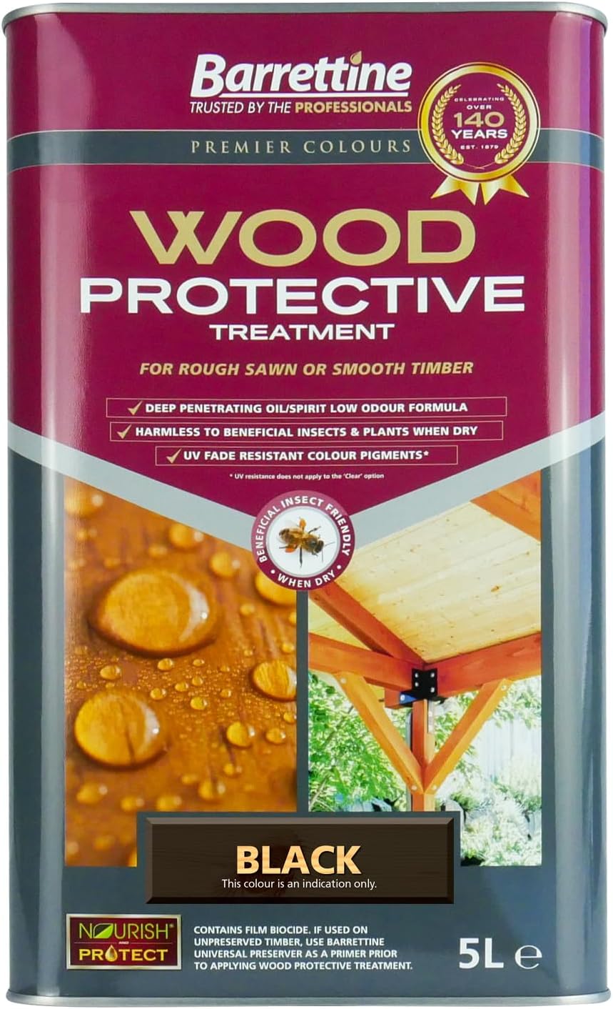Wood Protective Treatment (Black, 5L) - Ideal Treatment for Outdoor Treated Timber Structures. Wood Protector Oil with Water Repellent Qualities. UV & Fade Resistant.
