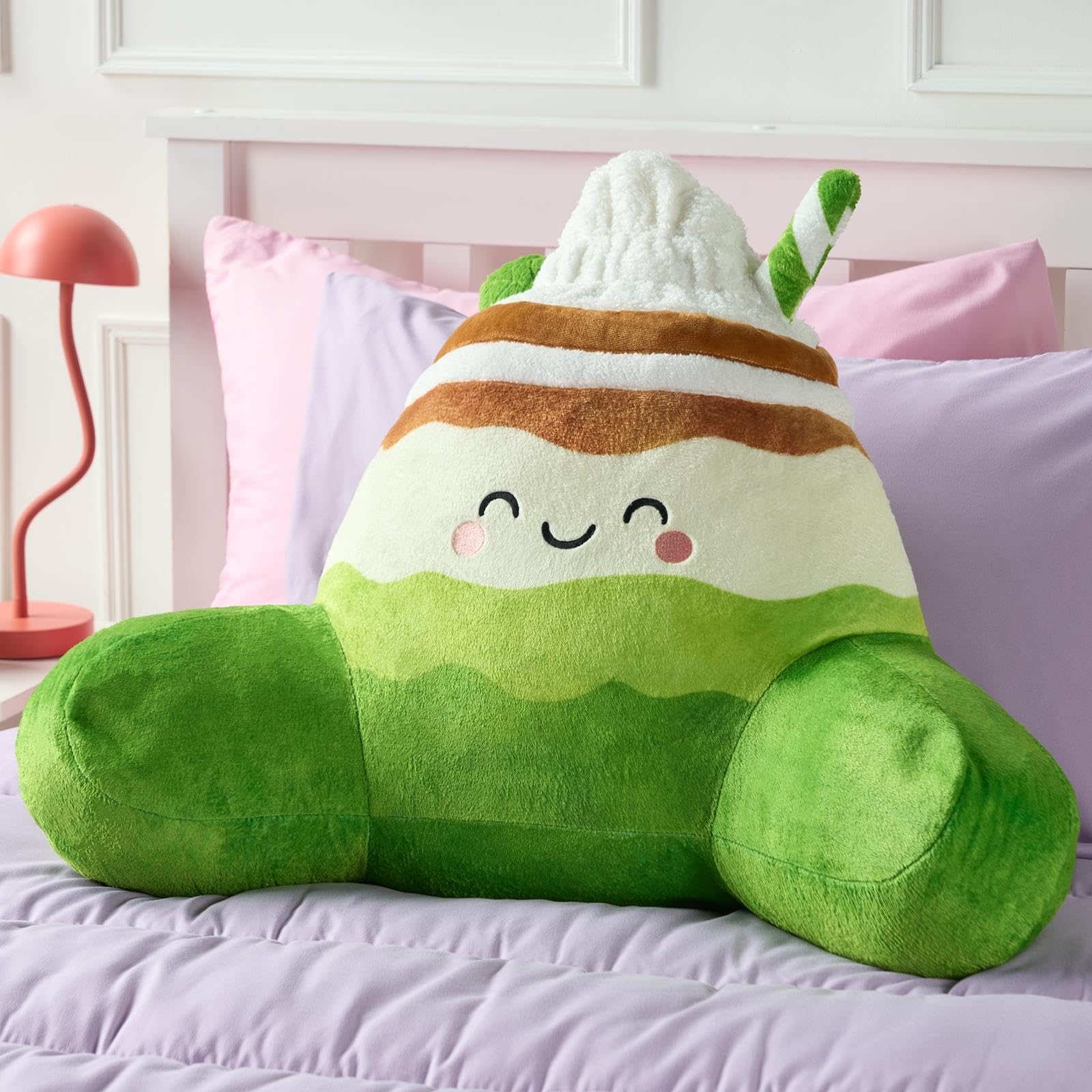 OHS Matcha Character Cuddle Cushion, Comfy Reading Pillows Super Soft Teddy Fleece Back Support Pillow with Arms Bed Cushions Snuggle Hug Pillow Relaxing At Home, Green