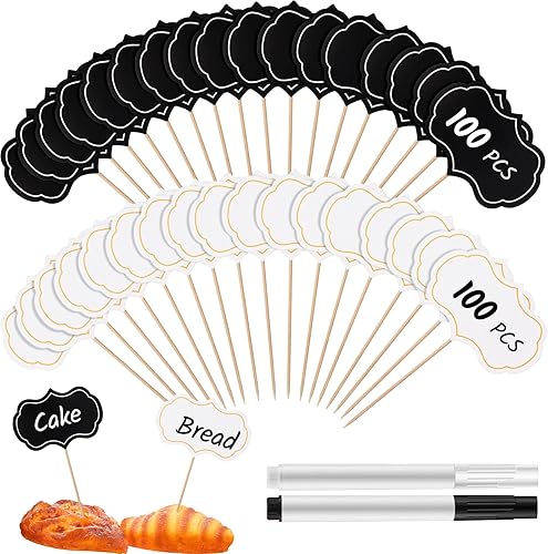 Tenceur 200 marcadores de queso para embutidos en blanco, etiquetas de alimentos en blanco, selecciones de cupcakes para fiesta buffet con 2