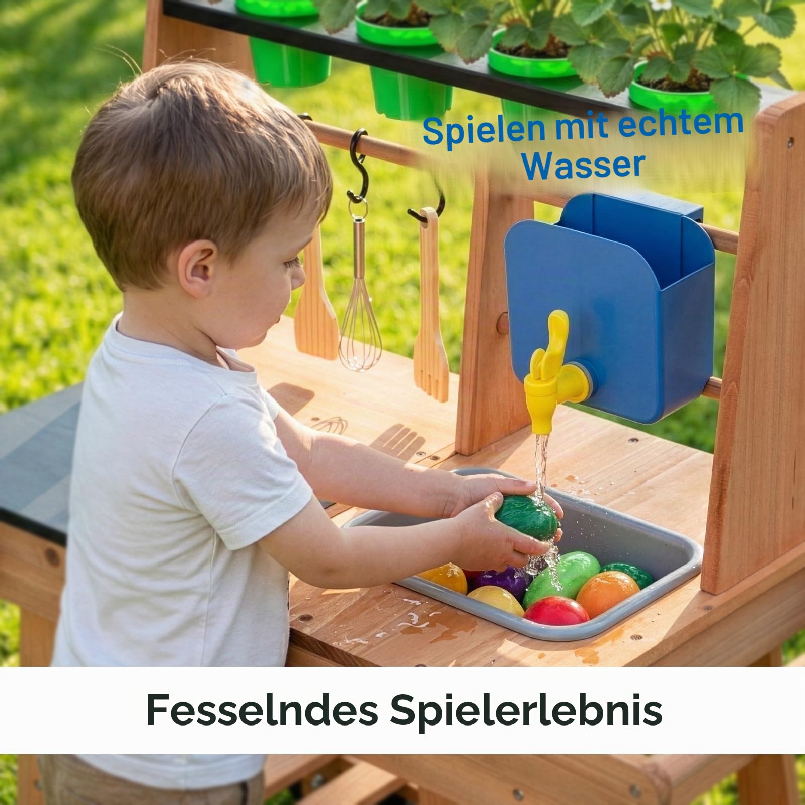 OOOK Matschküche Kinder Outdoor mit Rädern, Outdoorküche Kinder aus Holz | Multifunktionales Gartenspielküche Outdoor aus Tannenholz, für Jungen und Mädchen ab 3 Jahren, Vollständiges Zubehör Set
