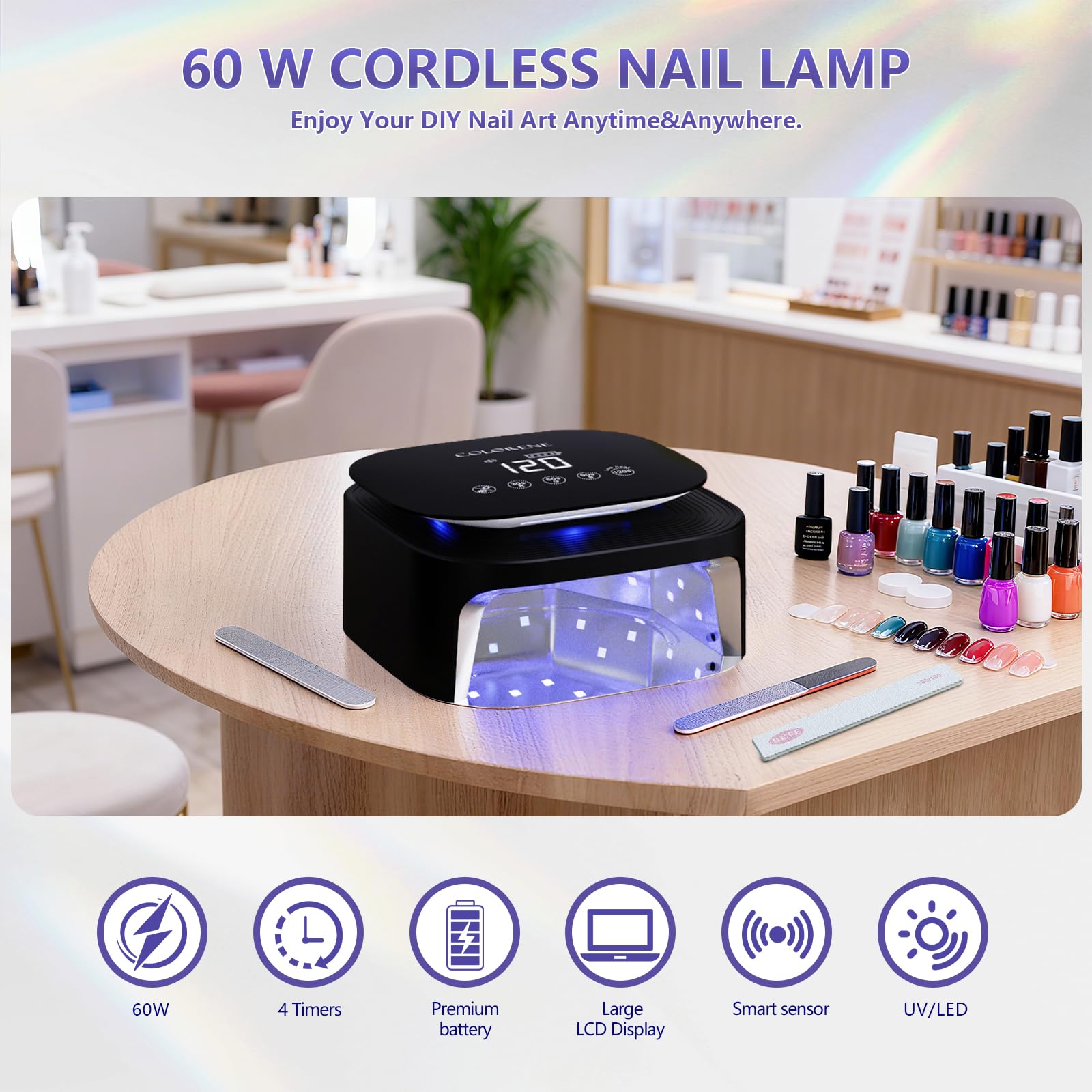 Lampes UV LED sans fil BETE 60W - Séchoir pour vernis gel rechargeable avec capteur automatique, 30 perles et 4 réglages de minuteur portable pour usage domestique/salon Black