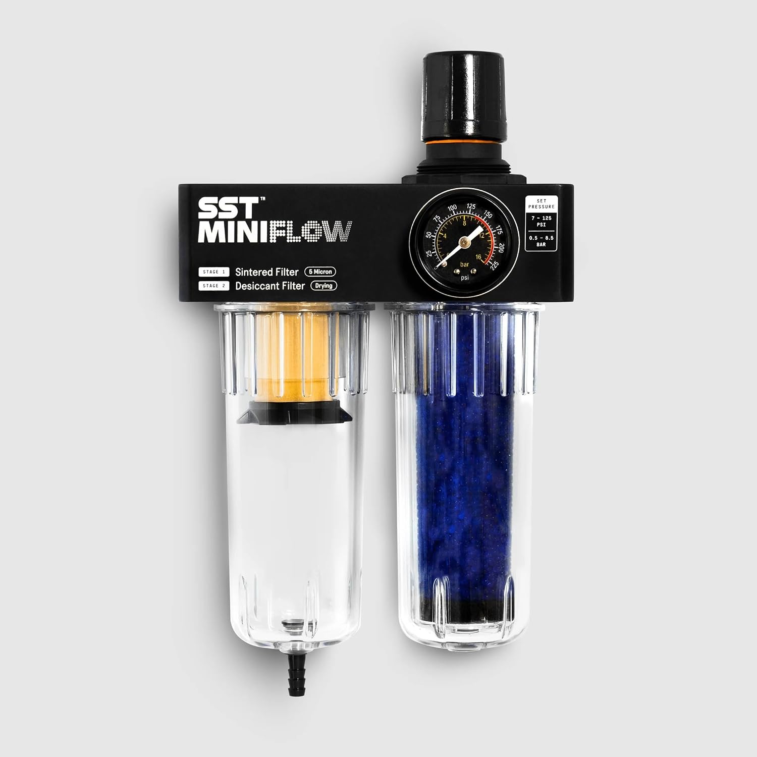 MINIFLOW Air Filter Regulator - 2-Stage Sintered & Desiccant Compressed Air Filter, Moisture Separator & Pressure Regulator for Shop Air Systems