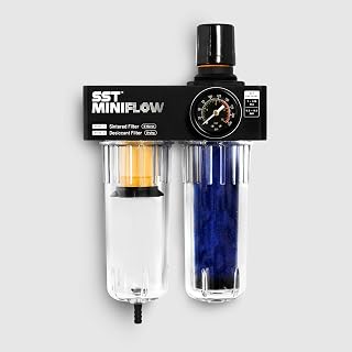 Stupid Simple Tools MINIFLOW Air Filter Regulator - 2-Stage Sintered & Desiccant Compressed Air Filter, Moisture Separator & Pressure Regulator for Shop Air Systems
