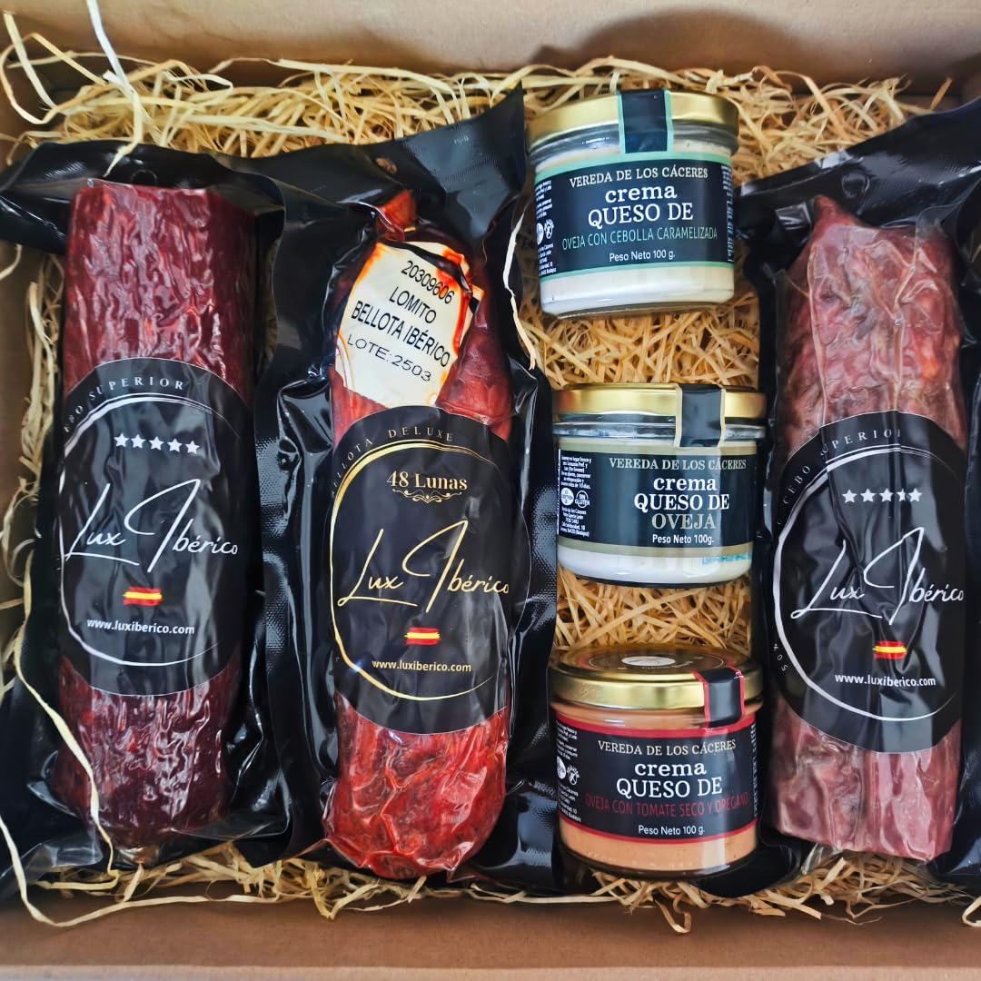 LUX IBÉRICO - Cesta Olissipo, Cremas de Queso y Embutido Ibérico | Cesta gourmet con 3 cremas de queso, velón de chorizo y salchichón ibérico y lomito de bellota, 2,5Kg