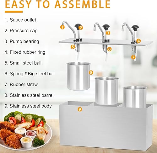 Miniatura 6 de Dispensador de bomba de condimentos de acero inoxidable de 11 cuartos de galón, estación de bomba de condimentos con 3 cubos de 3.7 cuartos de