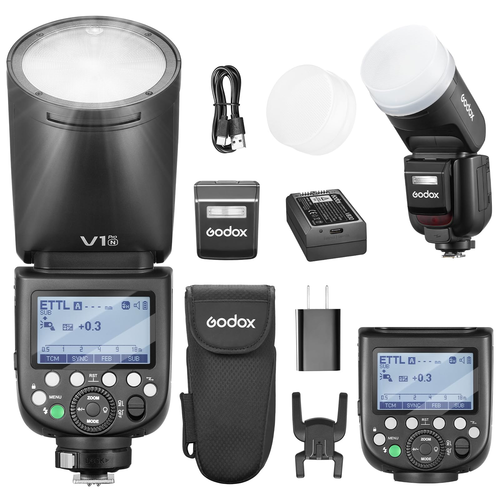 Godox V1Pro N Flash TTL okrągła głowica kamera Speedlite 76 Ws HSS 1/8000s 2980 mAh bateria litowa LED lampa modelująca zewnętrzna lampa błyskowa, V1-N (2024) SU-1 M/TTL tryb błyskowy do Nikon