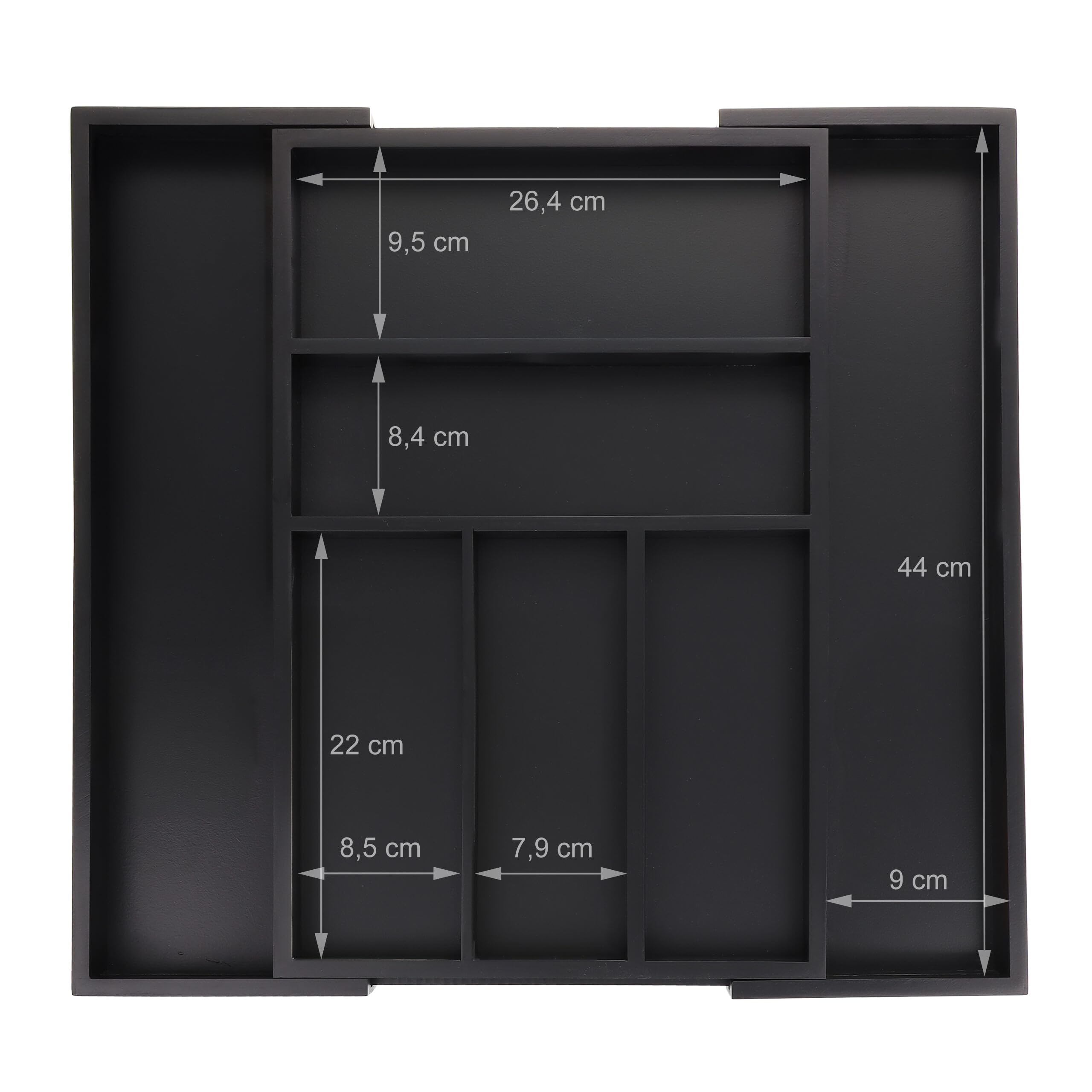 Relaxdays Cubertero Extensible Cajón, Organizador 5-7 Compartimentos Bambú, Separador Cubiertos, 5x30,5-49x46 cm, Negro